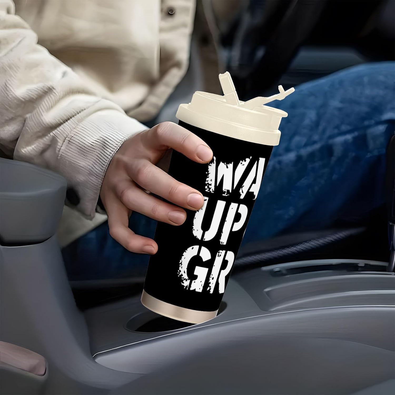 Insulated Coffee Mug Coffee Time with Straw & Flip Lid, 16.9oz Iced Tumbler Cup, Double Wall Vacuum Mug for Travel Office Camping