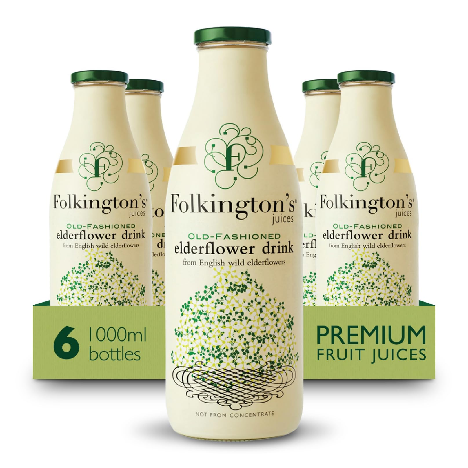 Folkington's Fruit Juice, Elderflower, 6 Glass Bottles, Old Fashioned Elderflower Drink, Bulk Pack 6 x 1 Litre