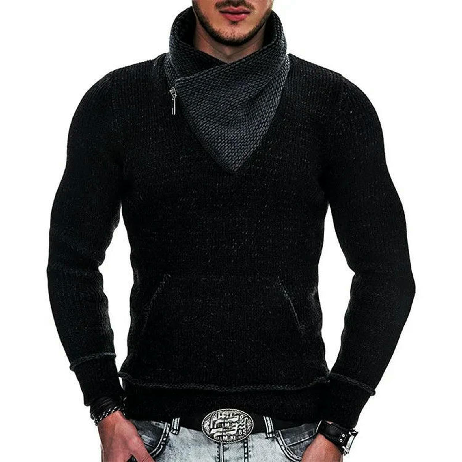 Jersey HombresuéTer Hombre Otoño E Invierno Suéter De Los Hombres Manga Larga Cuello Alto Bolsillo Moda Prendas Punto-Blanco-XL