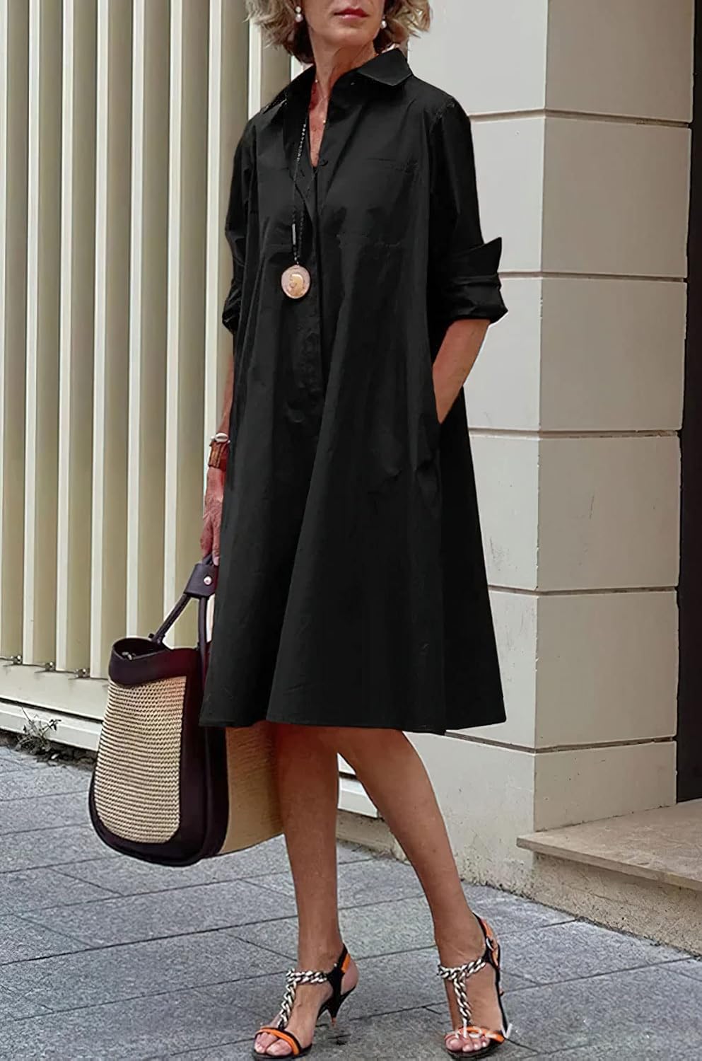 chouyatou Women's Spring Summer Button-Down Shirt Dress Loose A-Line Midi Shift Tunic Dress - Image 3