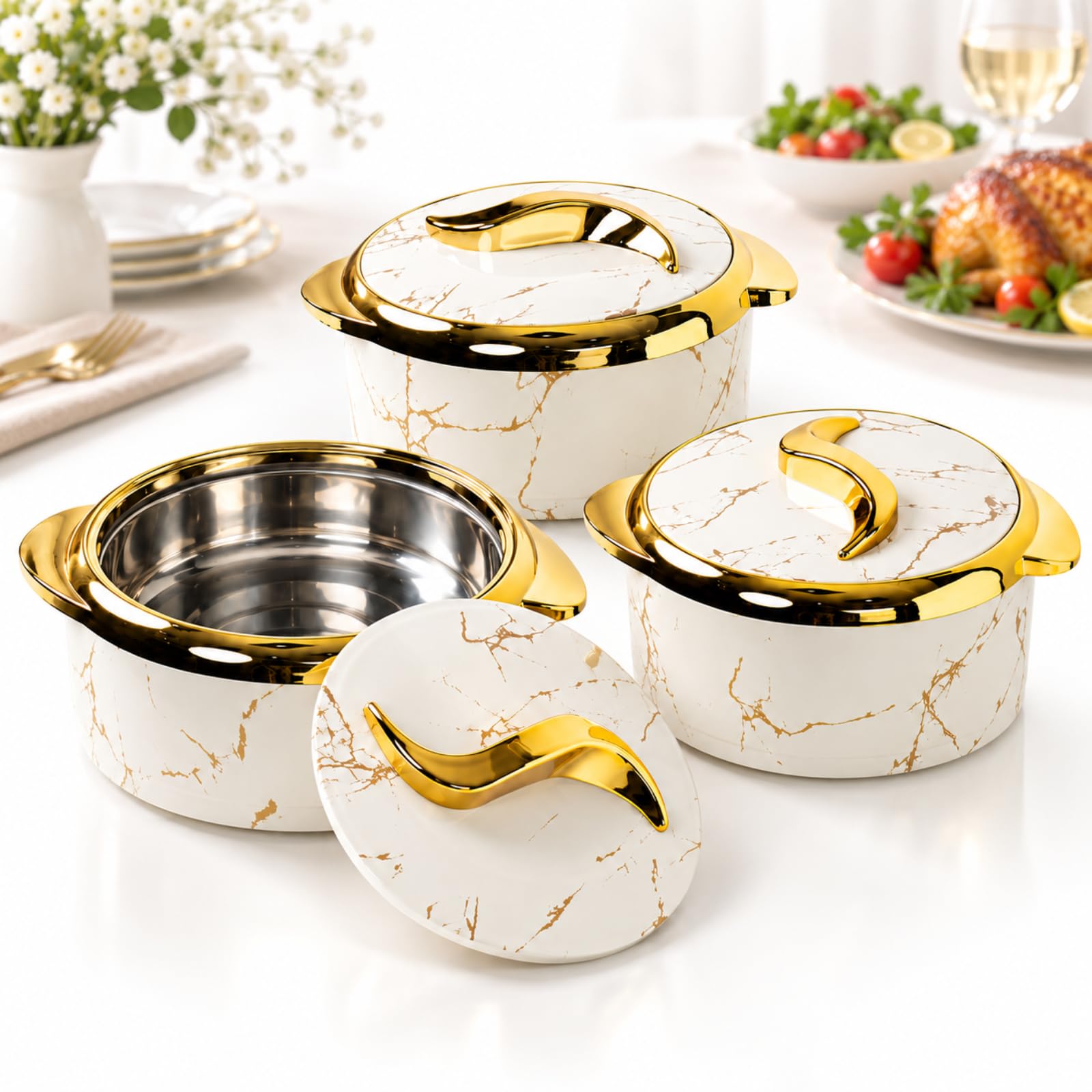 Set Di 3 Pirofile Termiche, Set Di Ciotole Termiche Da Portata Con Coperchi, 1,5 L/2 L/2,5 L, Acciaio Inossidabile Isolato, Per Cibi Caldi E Freddi, Ideale Per Buffet, Catering, Feste E Pasti In