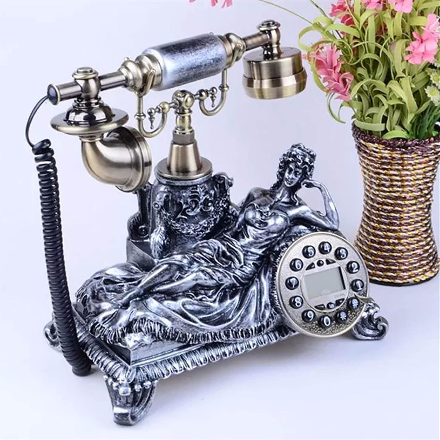 Antique Corded Telephone, Resin Fixed Digital Retro Phone Button Dial Vintage Decorative Telephones Landline for Home Office