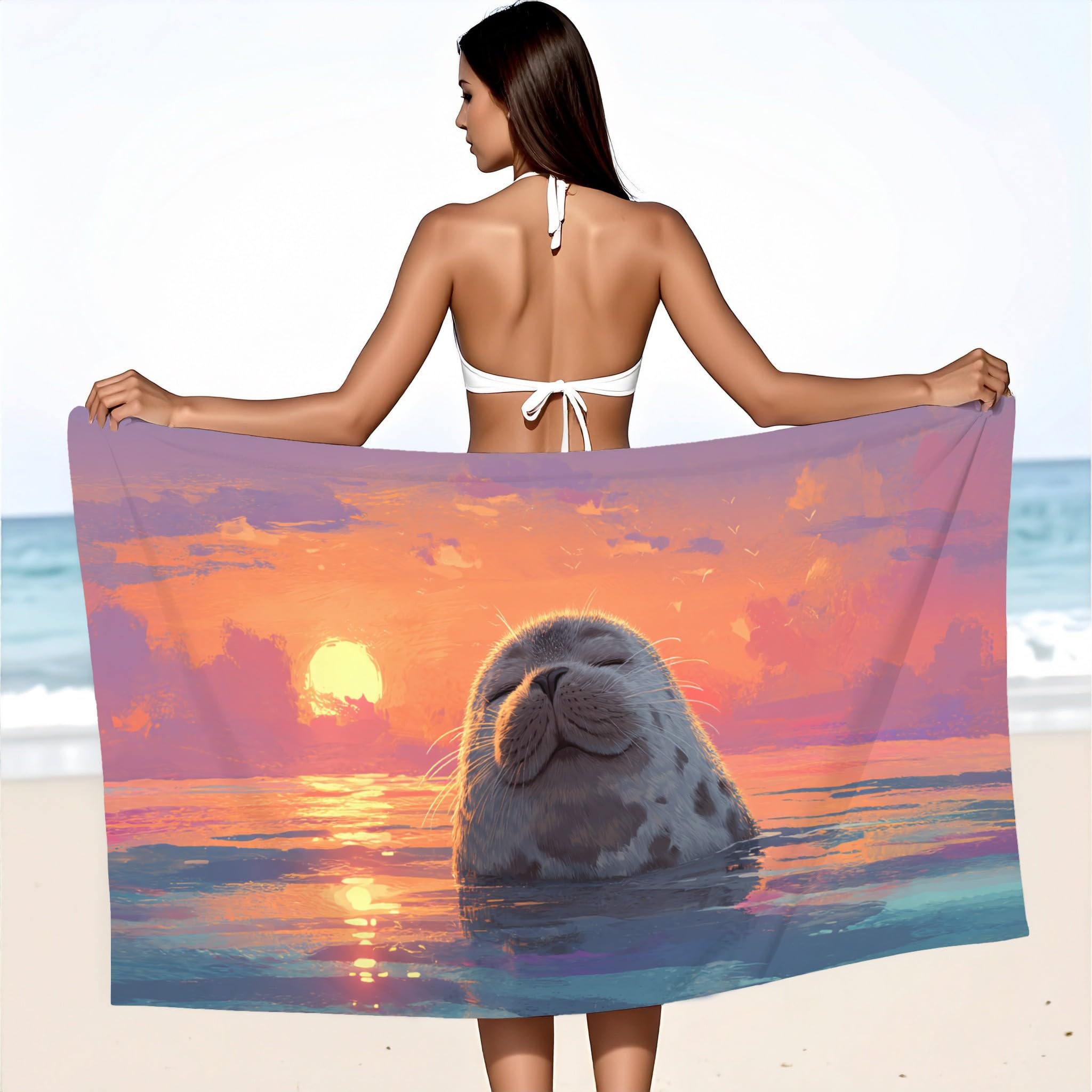 Generico Fantasia Ultra Morbidi Compatta Telo Mare Morbido Tramonto Foca,Coperta Da Spiaggia Adatto per Spiaggia, Palestra, Viaggi, Sauna Coperta Mare 200 x 100,Colorato