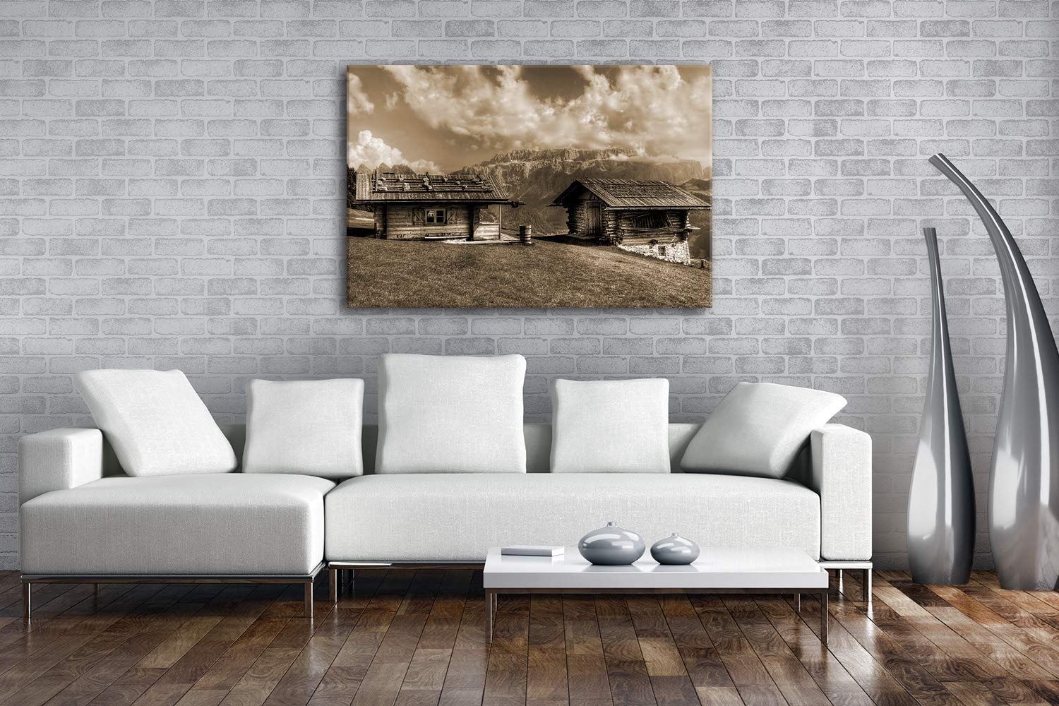 Leinwandbild Alpen Holzhütten – Rückzugsort in den Bergen Format: 100x70 cm Effekt: Sepia XXL Kunstdruck Bild auf Keilrahmen/Wandbild/Wohnzimmer Deko