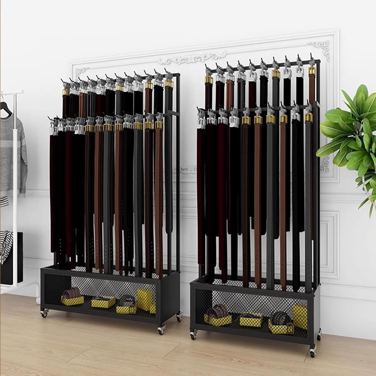 WDJBPSH Floor Standing Belt Rack for Bedroom/Store/Clothing Retail/Business, Large Capacity Men Tie Display Stand Organizer, Space Saving (Color : Black, Size : Wide - 70cm)