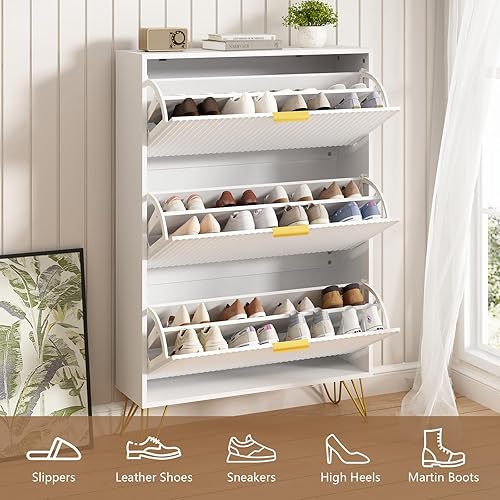 Miniatura 7 de Armario de almacenamiento de zapatos con 3 cajones abatibles, gabinete de zapatos estriado de 31.5 pulgadas de ancho para entrada, almacenamiento