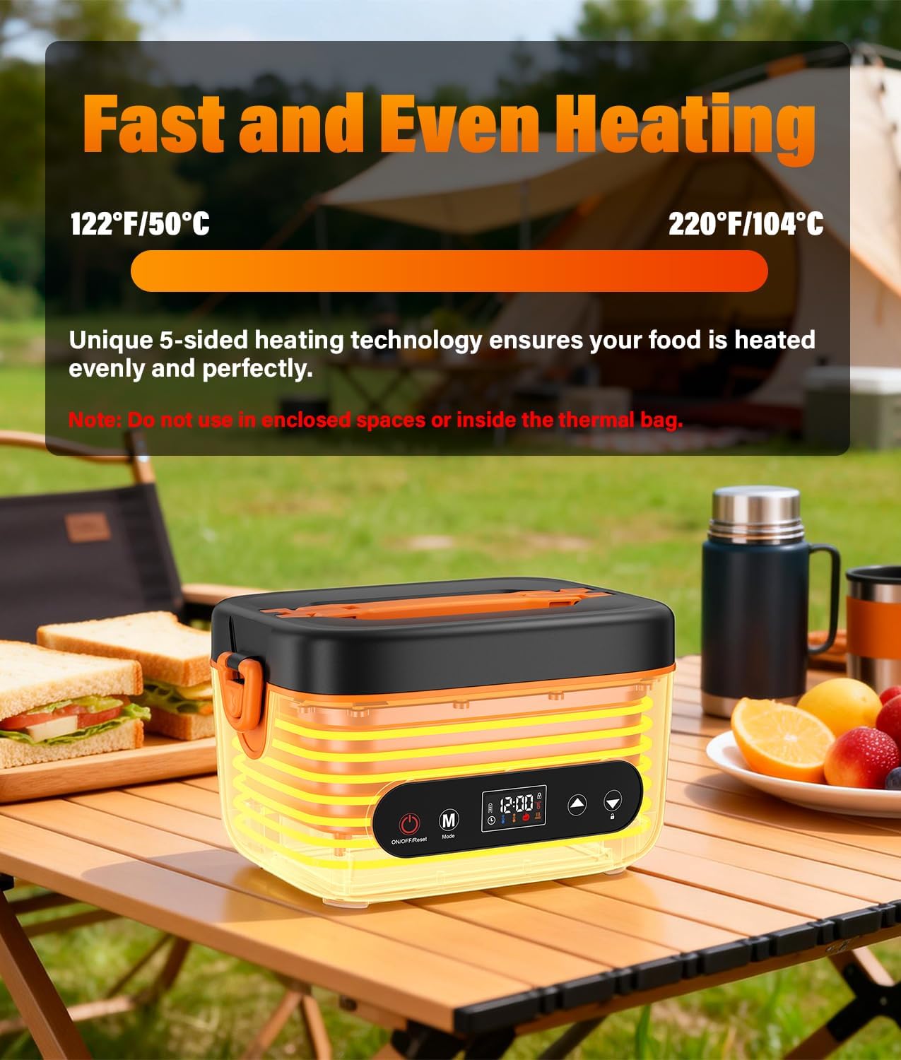 HK 2026 Upgraded Heated Lunch Box, 1.2L Cordless Electric Lunch Box, 24000mAh Rechargeable Portable Food Warmer with Auto Temperature Control, 5-Sided Heating, Leakproof, for Office, Outdoors