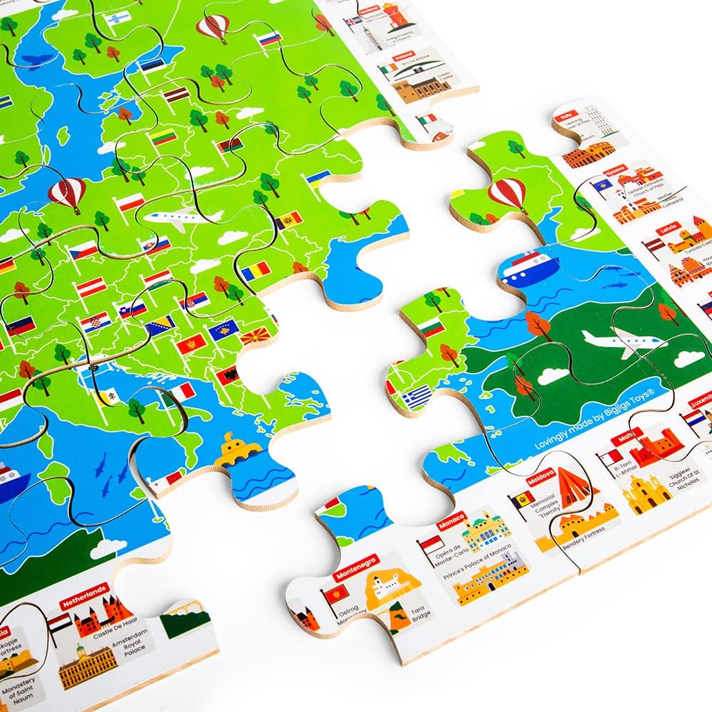 Bigjigs Toys Europe World Map Puzzle with Flags & Landmarks - 48 Piece Floor Puzzle (40cm x 58cm) for 2 3 4 5 Year Olds