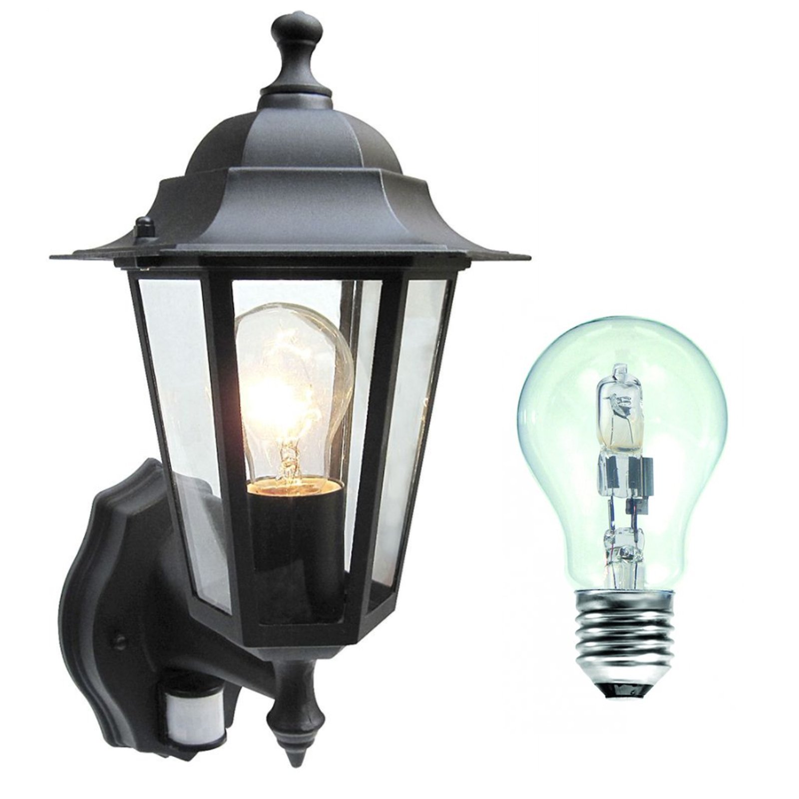 Traditional 6 Sided Garden/Porch Outdoor Coach Wall Lantern IP44 (Black 6 Sided + Motion Sensor + Halogen)