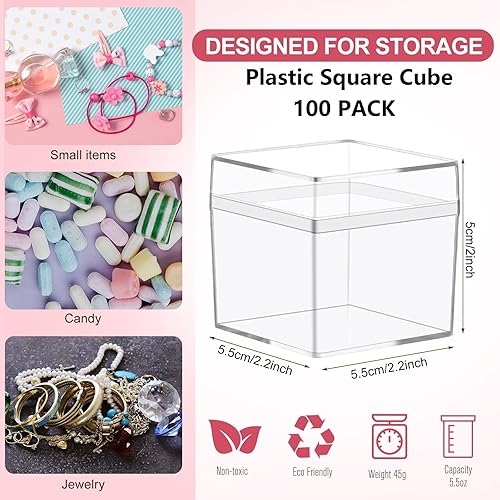 Miniatura 2 de Leinuosen 100 cajas de plástico acrílico transparente de 2 x 2 x 2 pulgadas con tapa, recipientes cuadrados para dulces para recuerdos de fiesta,