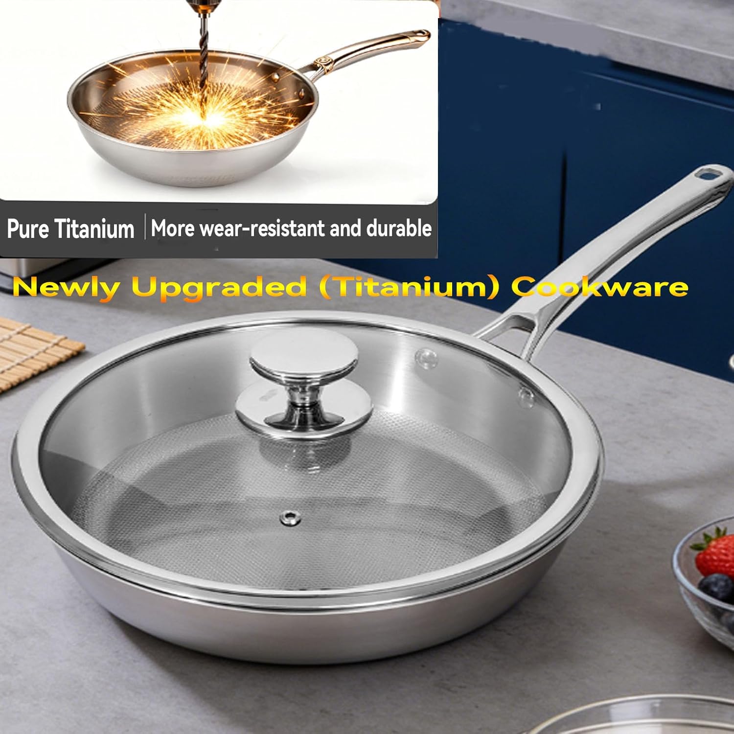Titanium Pan for Cooking - Pure with Lid, 2026 New No Coating Non-Stick Titanium Cookware, Frying Pans, Hammered Pan,Ultra-Durable, Scratch-Resistant, Even Heating Frying Pans, Safe for Oven,1