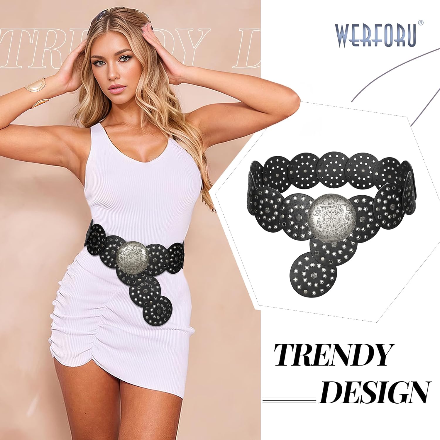 WERFORU Women Vintage Leather Belt Western Disc Waist Belts Ladies Western Belt Boho Belt for Dress Jean- - Image 2