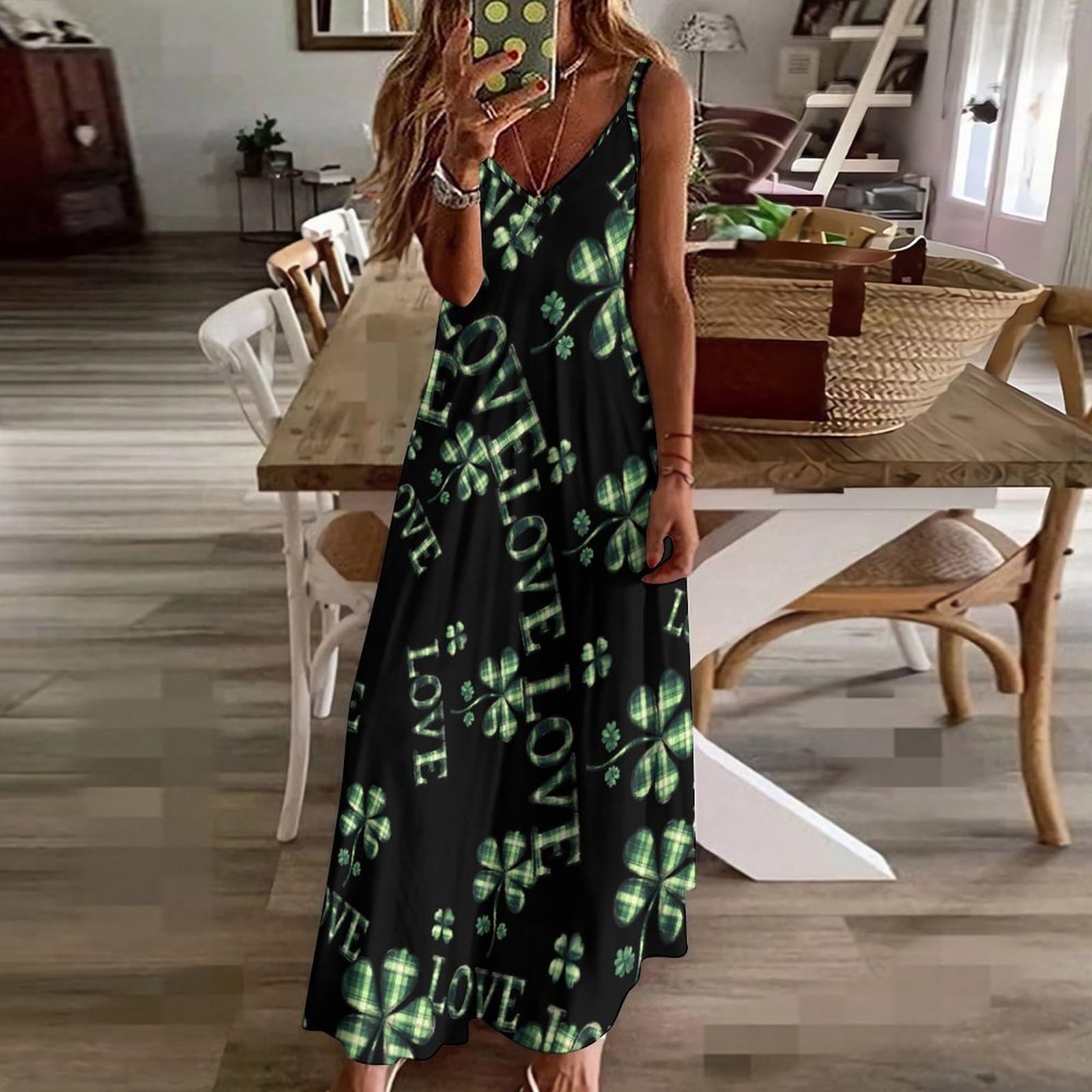 Vestido casual de San Patricio a cuadros verdes para mujer, vestido largo de espagueti ajustable, largo hasta el tobillo con volantes, vestido de verano fluido