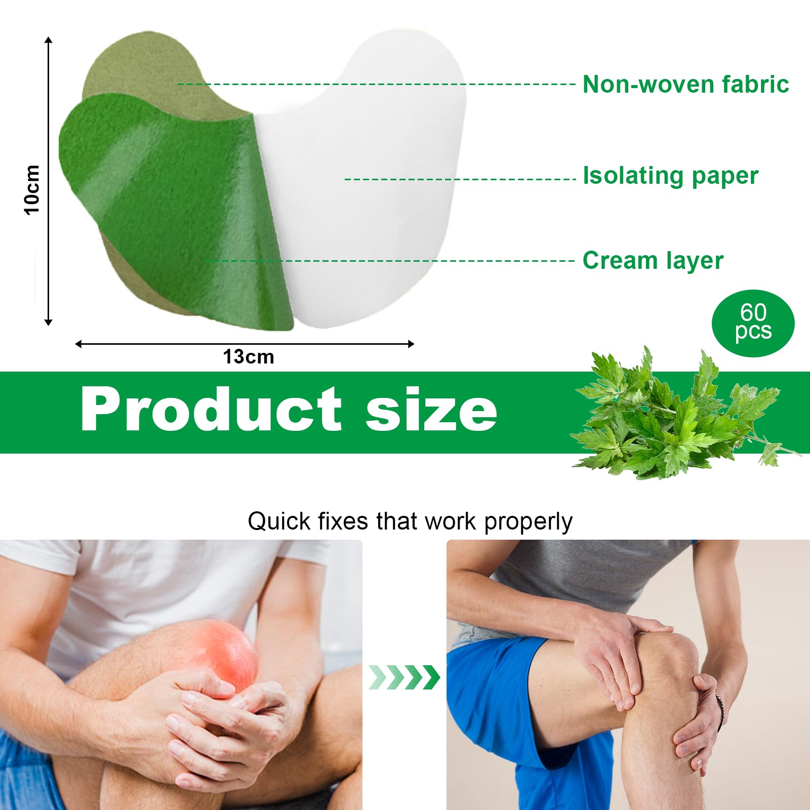 60 Stück Pain Relief Patch – Kräuterpflaster, Selbstklebende Kniepflaster Gegen Schmerzen, Knee Patch für Knie, Rücken, Nacken und Muskelkater