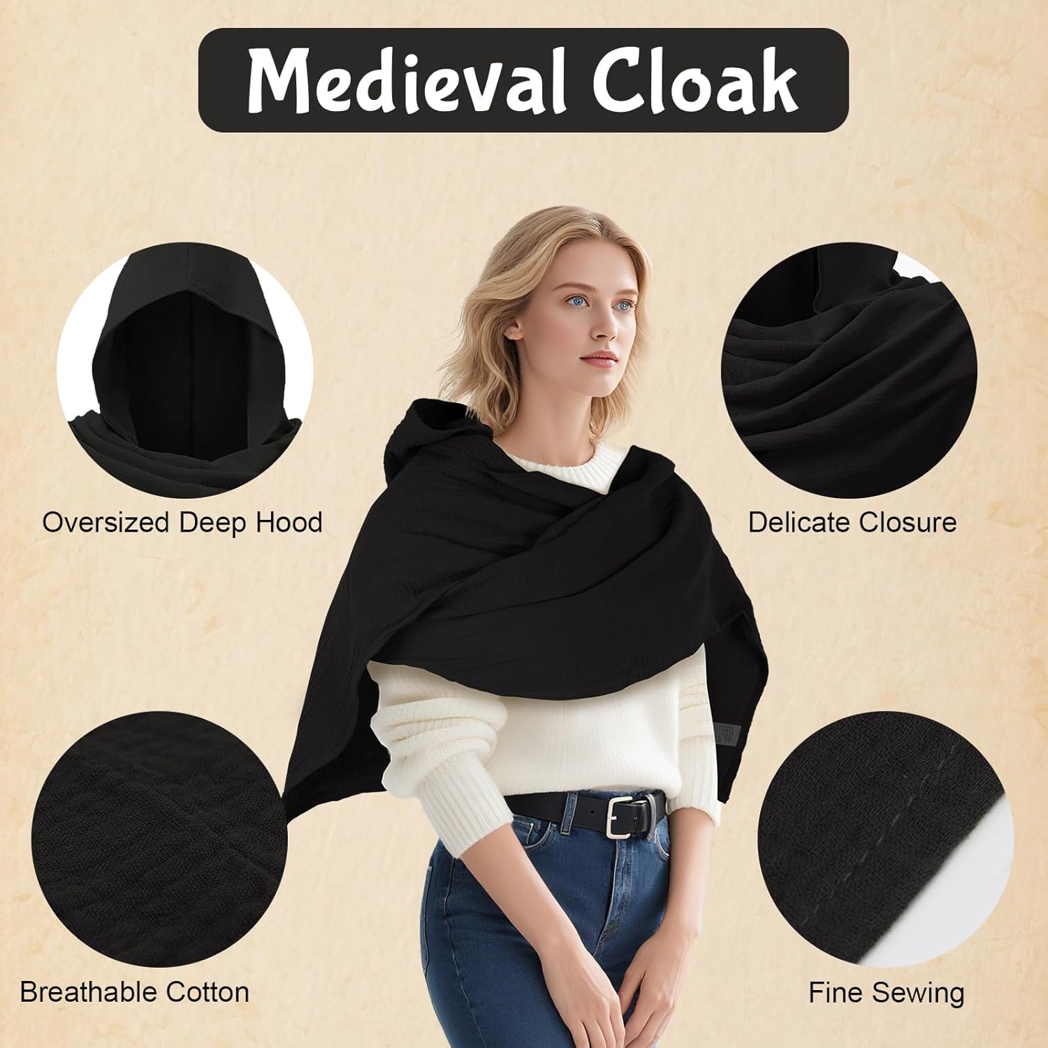 Women Men Fashion Shawl Scarf Cape | Multifunctional Hooded Cowl | Medieval Linen Cotton Cowl Hood |Vintage Goth Costume - Image 3