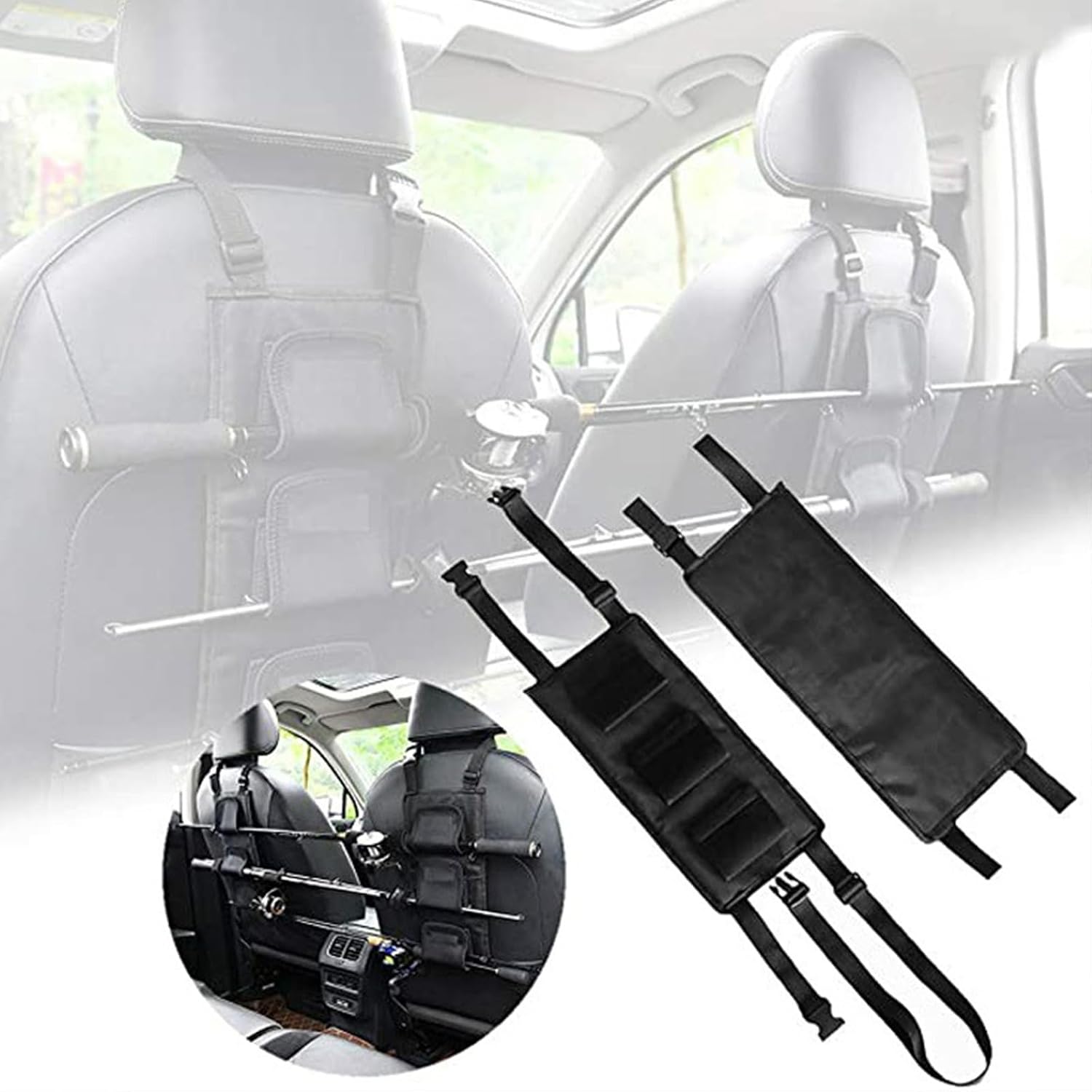 Automotive Rear Seat Fishing Accessory Organizers Fishing Poles Holder with Multiple Pockets and Secure Strap Car Rod Holder image 2