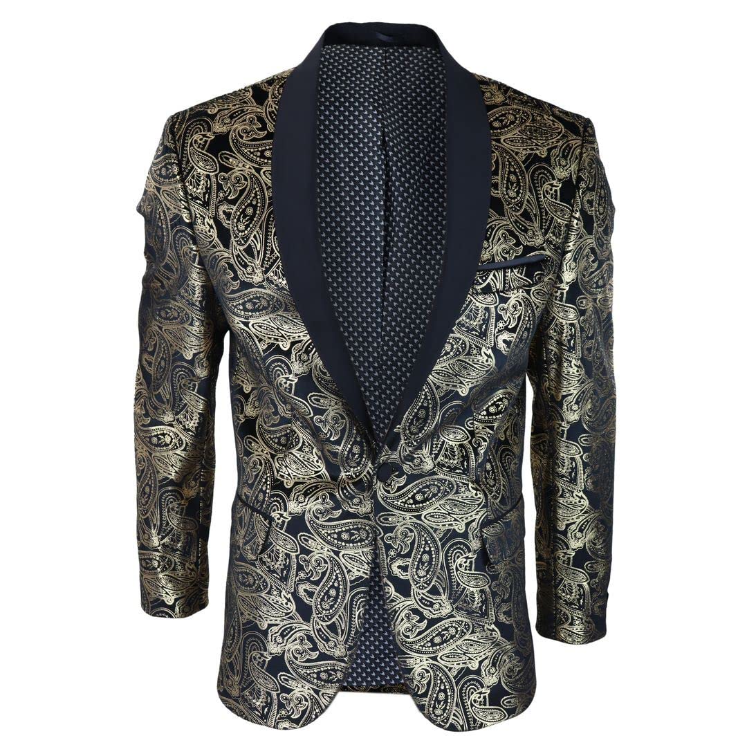 Truclothing Men's Gold Black Velvet Paisley Floral Blazer Black Gold Silver Tuxedo Jacket Dinner Suit Tux - 44