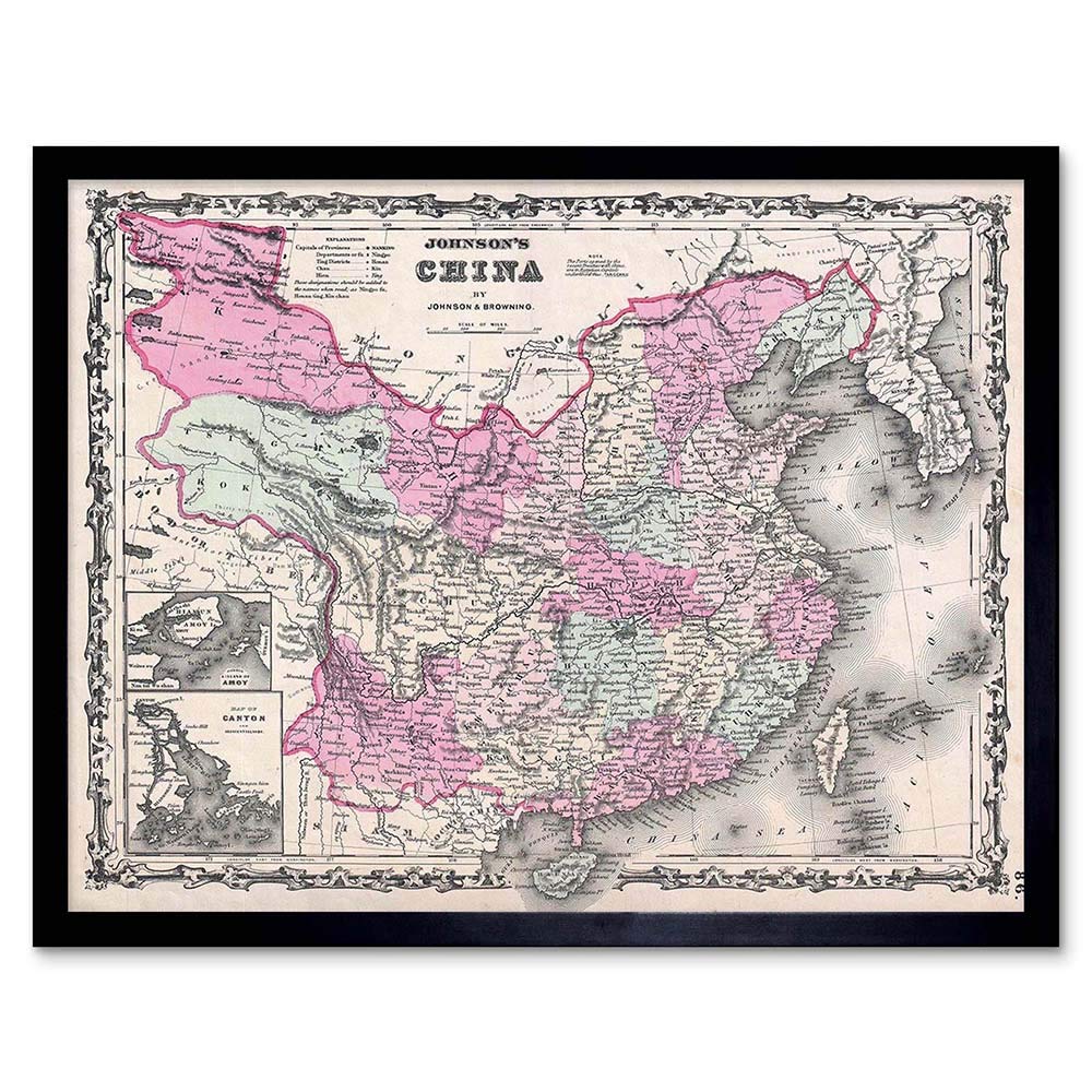 Wee Blue Coo 1861 Johnson Map China Vintage Art Print Framed Poster Wall Decor 12X16 Inch
