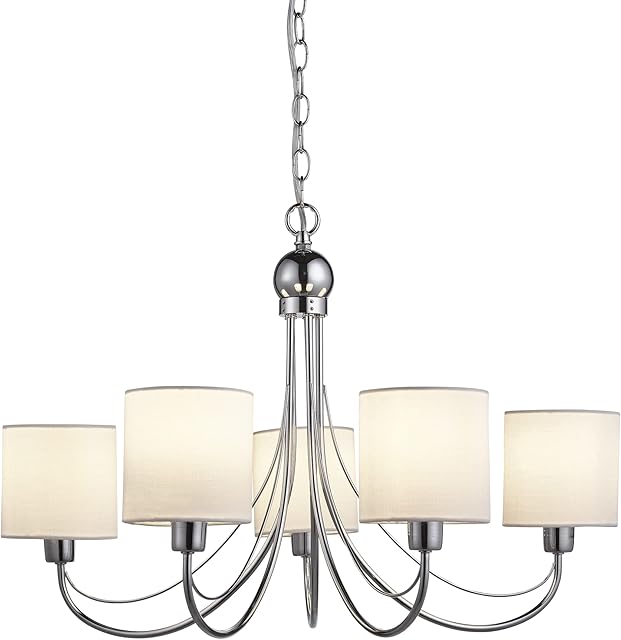 Nielsen Denver 5 Light Chandelier lamp in Chrome with White Cotton Shades, Classic Light for Living Room, Dining Room, Bedroom