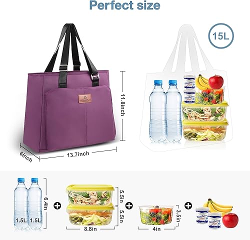 Miniatura 2 de HSHRISH Lonchera grande aislada para mujer, bonita bolsa de almuerzo a prueba de fugas con correa ajustable, bolsas de almuerzo para mujer, para