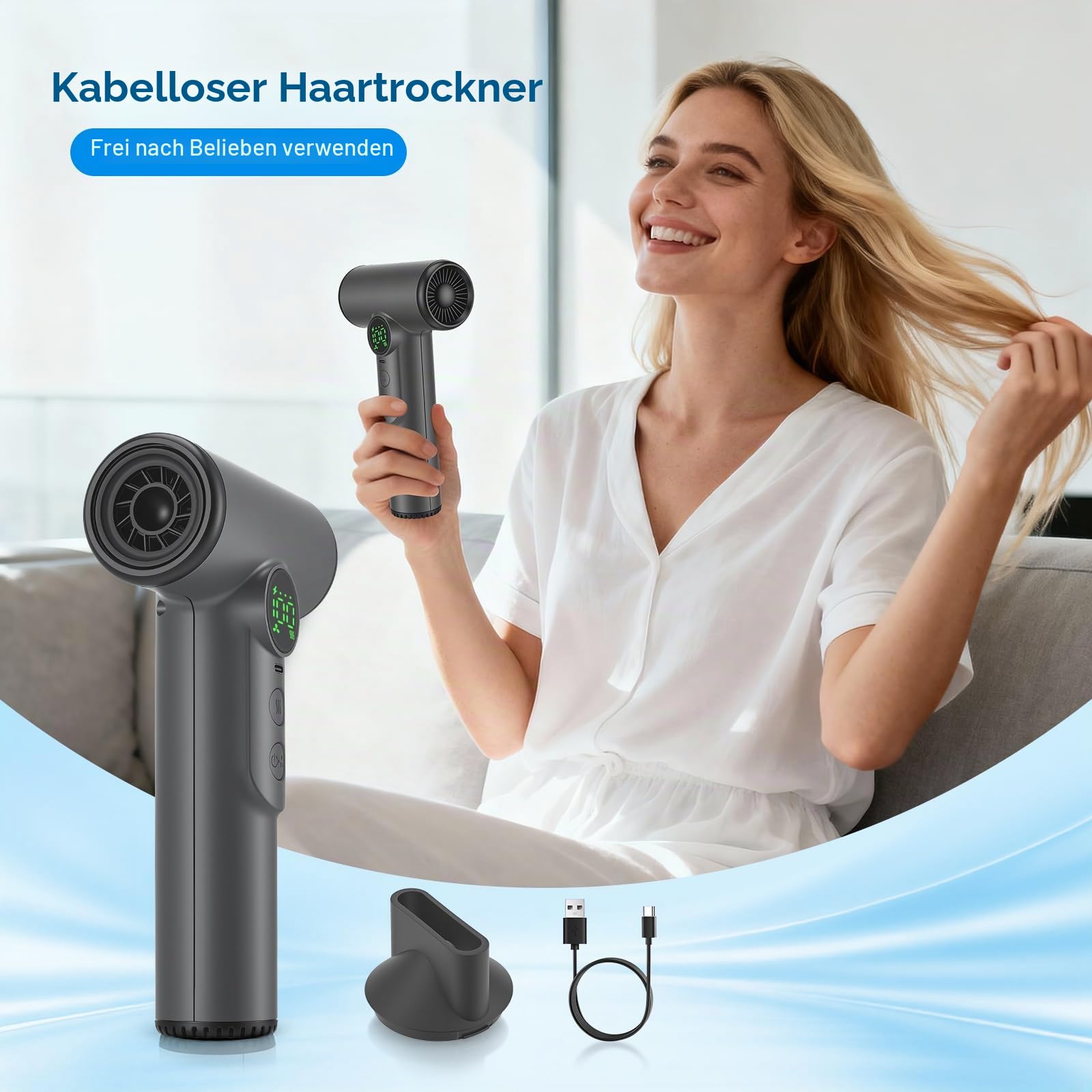 200W Akku Föhn Kabellos, Kabelloser Föhn Tragbarer Akku Haartrockner mit 3 Geschwindigkeiten und 3 Temperaturen, Akku Fön Haare mit Digital Bildschirm, Föhn Kabellos Aufladbar für Reisen, Camping