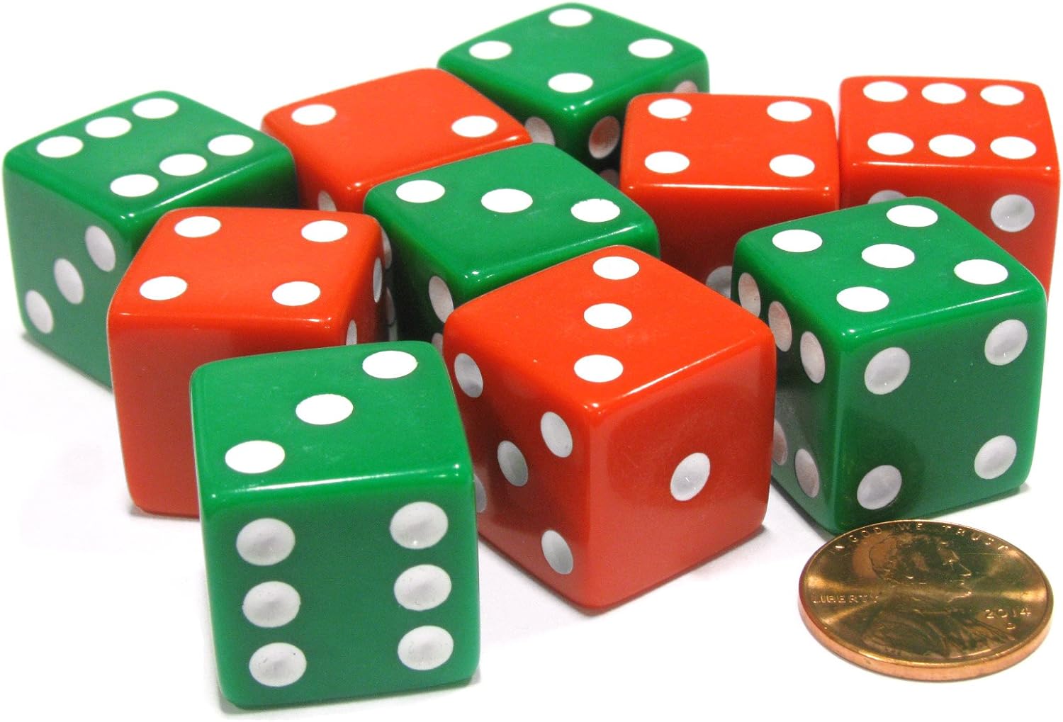 Set of 10 Large Six Sided Opaque 19mm D6 Dice - Christmas Colors 5 Green & 5 Red
