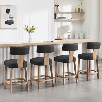 Wooden Counter Stools Set of 4, Mid Century Modern Barstools with Back and Solid Wood Legs, Farmhouse Upholstered Linen Kitchen Stools Countertop Bar Chairs, Dark Grey