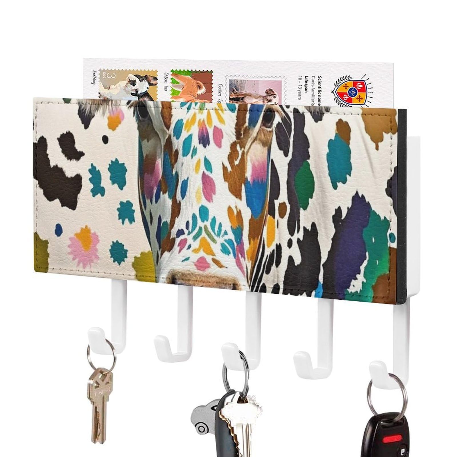 FekiLoot Cow Spot Key Holder Wall Mount Key Hanger with 5 Hooks Decorative Key Rack Hanging Key Hooks with Mail Organizer Key Holder for Wall Living Room Kitchen Bathroom Hallway White