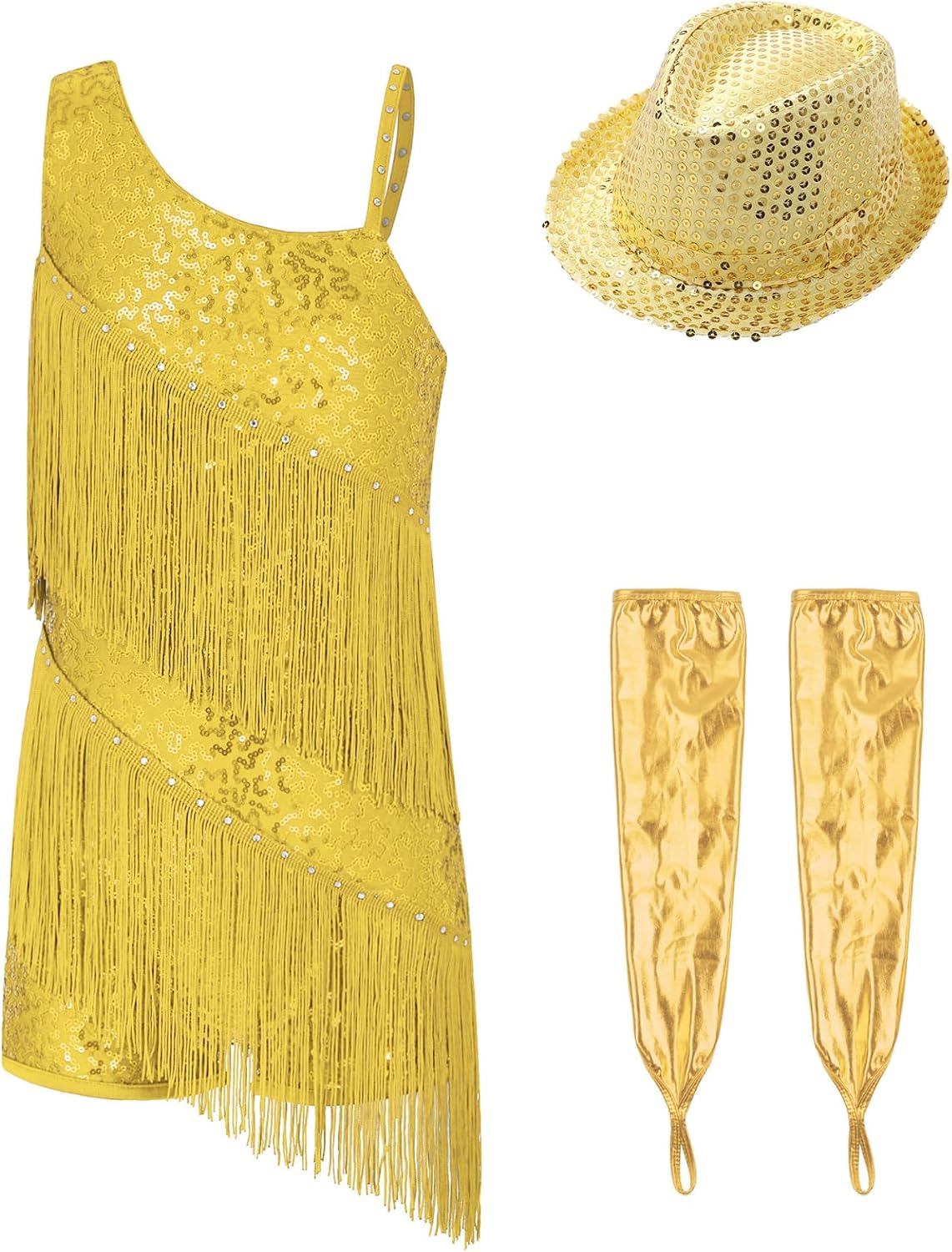 Kids Girls Sequins Latin Dance Outfit Oblique Shoulder Tassels Leotard Dress with Metallic Gloves and Hat