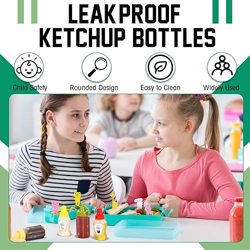 Miniatura 5 de Hoolerry 8 mini botellas de condimentos de ketchup con 36 piezas de palillos de comida de animales para niños, contenedor de aderezo de ensalada,
