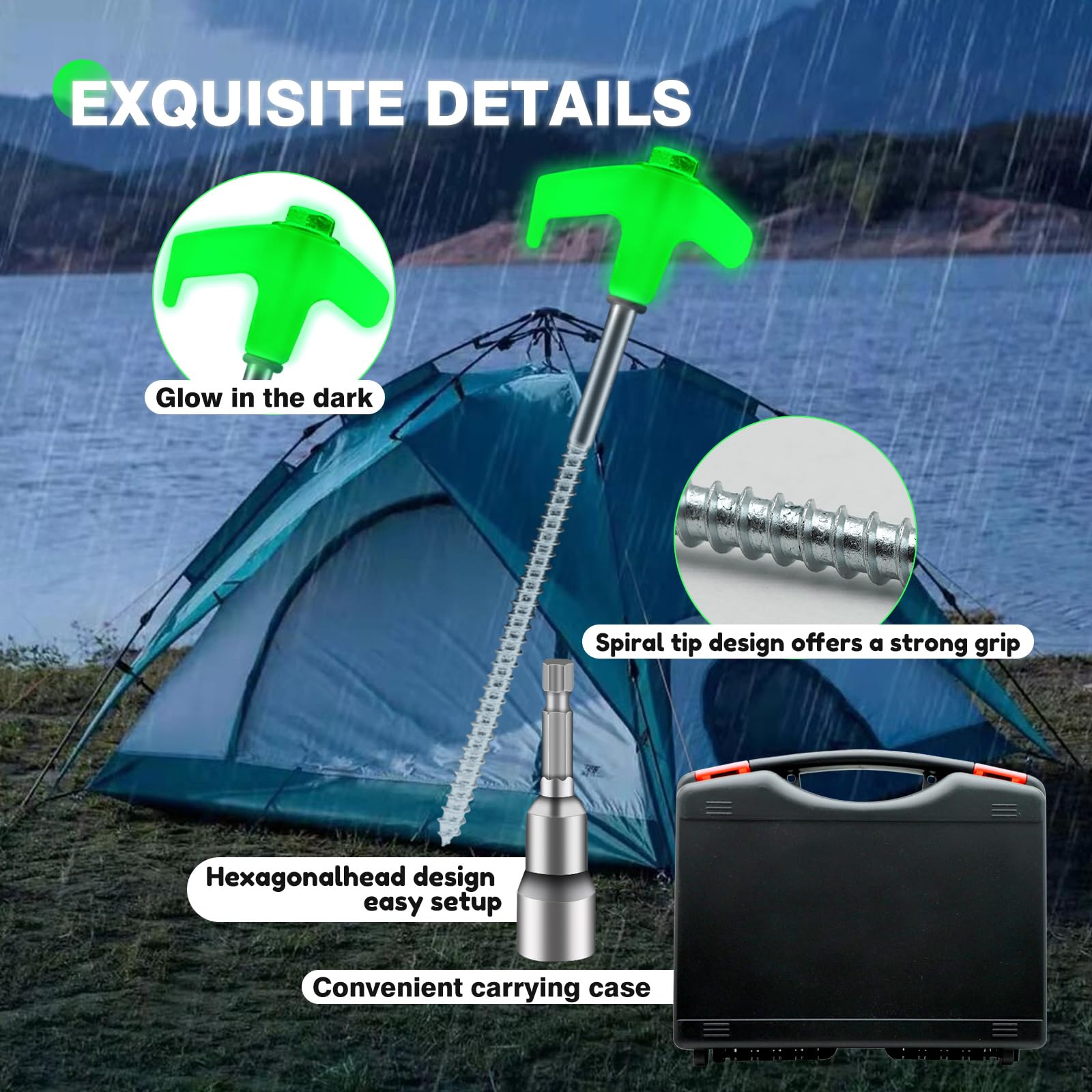 Lot de 20 piquets de tente phosphorescents de 20,3 cm, piquets de tente robustes en métal pour camping, terrasse, jardin, auvent, prairie (outil hexagonal et étui de transport)