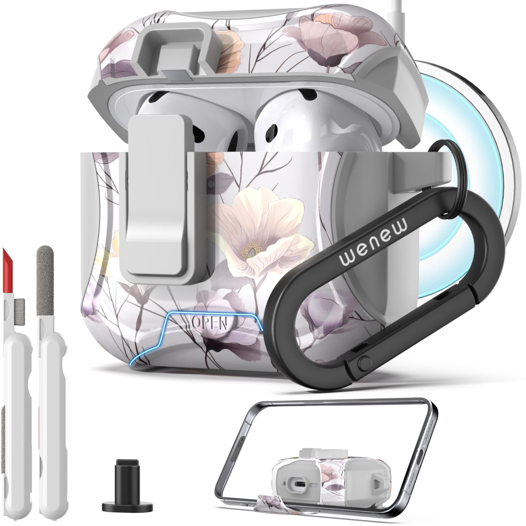 wenew Compatible with AirPods 4th Generation Case Cover with Phone Stand, Cleaner, Clip, Compatible with Magsafe Charger, One-Click Pop Open Lock iPod
