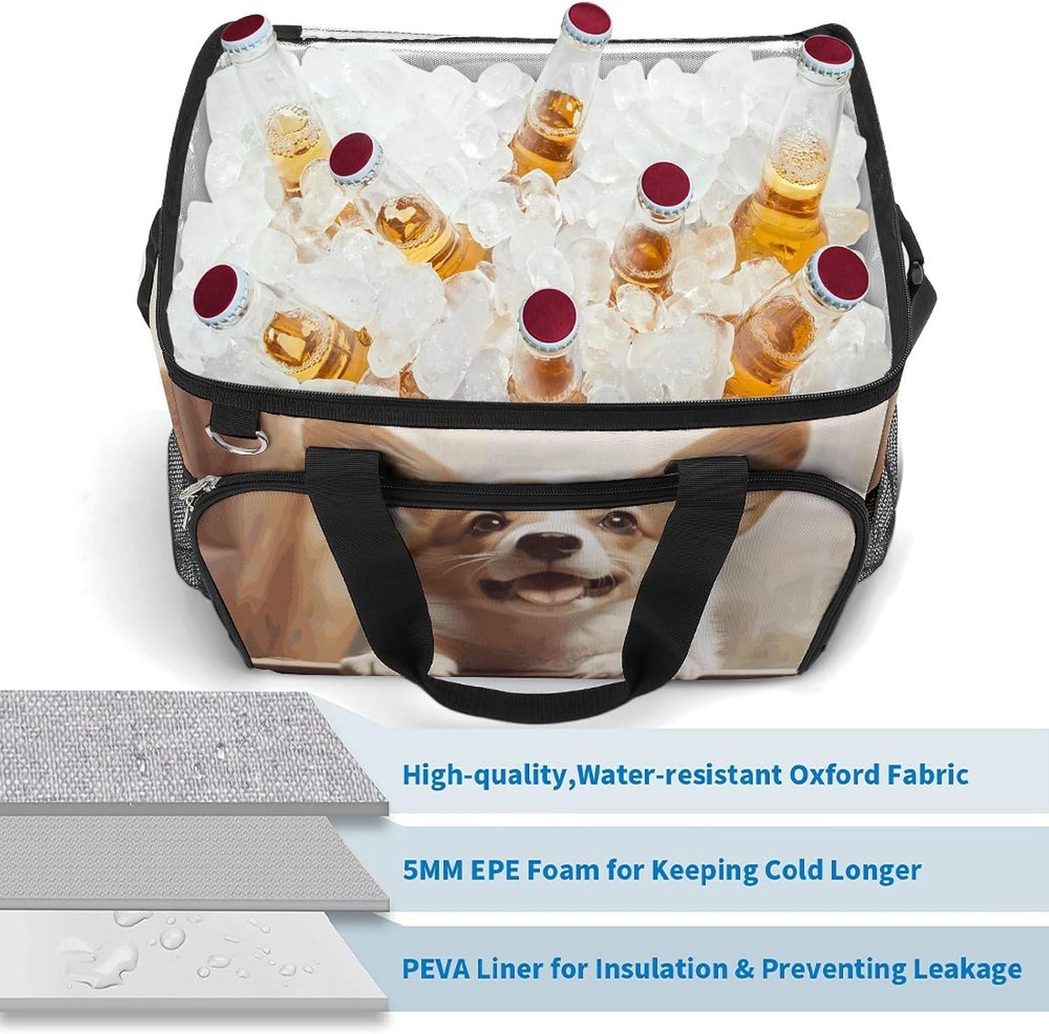 Insulated Picnic Backpack Tote Bag, Large Capacity 30L Cute Corgi Cooler Bag Leakproof Beach Bags Portable Lunch Box Waterproof Picnic Basket for Beach Camping BBQ