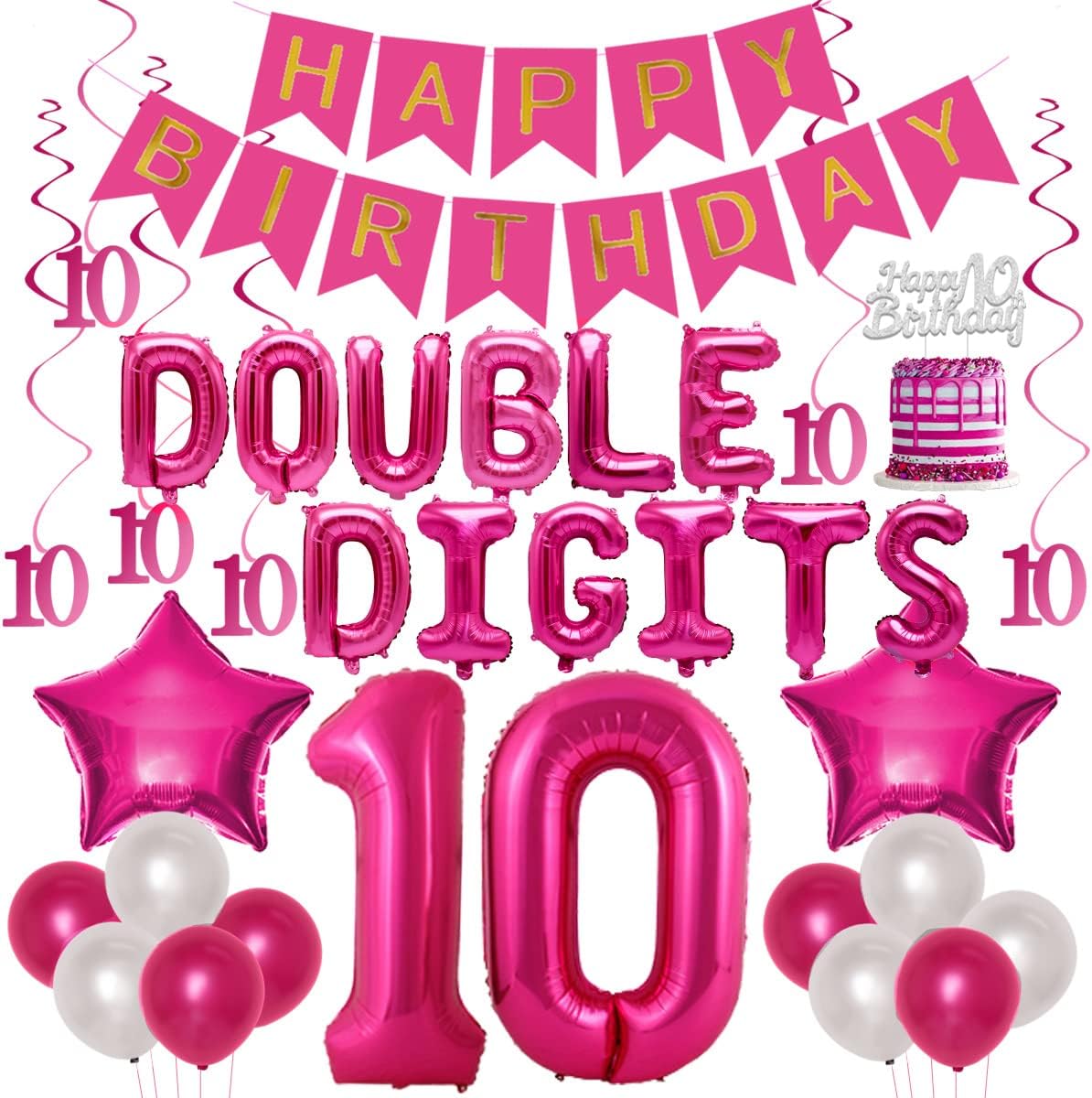 10th Birthday Decorations - Hot Pink Double Digits Banner, Cake Topper, Silver Balloons & Foil Balloons for Girls 10 Years Old Party