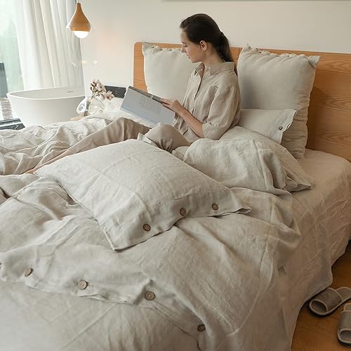 Miniatura 8 de Simple&Opulence - Juego de funda de edredón 100 % lino, 3 piezas con cierre de botón de coco, de lino francés lavado, color liso, suave,