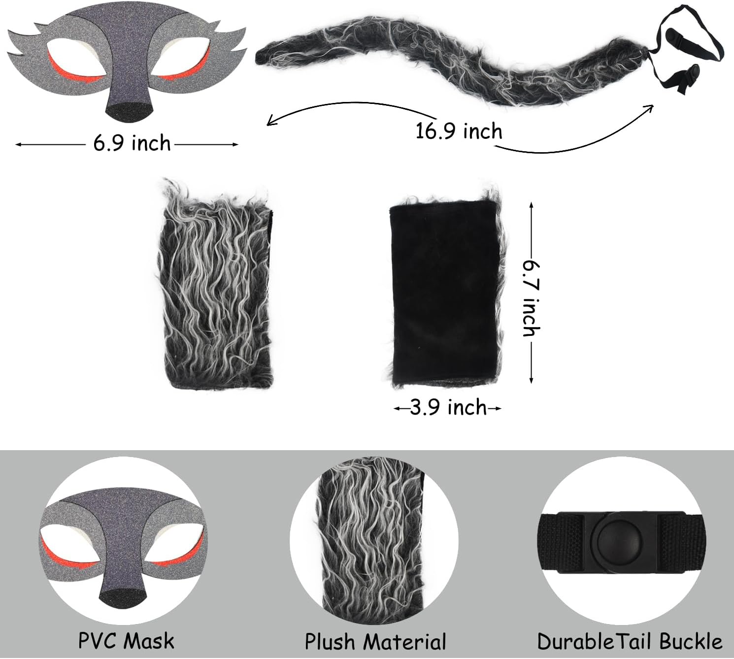 HODRME 5 Pieces Wolf Ears and Tail Set-Grey Wolf Headband with Mask Tail Paw Gloves Cosplay Party Halloween Costume Accessories for Kids and Adults - Image 3