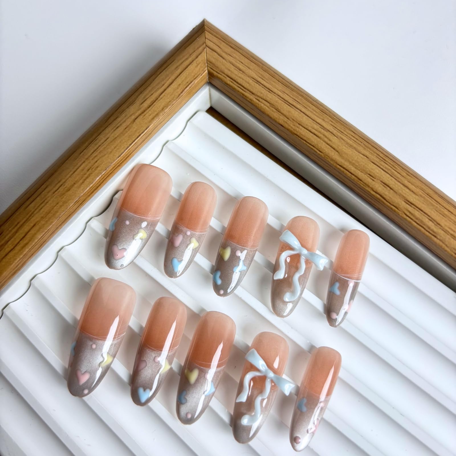 Handmade Press On Nails 3D Heart Oval Feel My Love Meduim Almond French Tip holiday Nails Bow 10Pcs Reusable Acrylic False Nails with Pink Cat Eye &