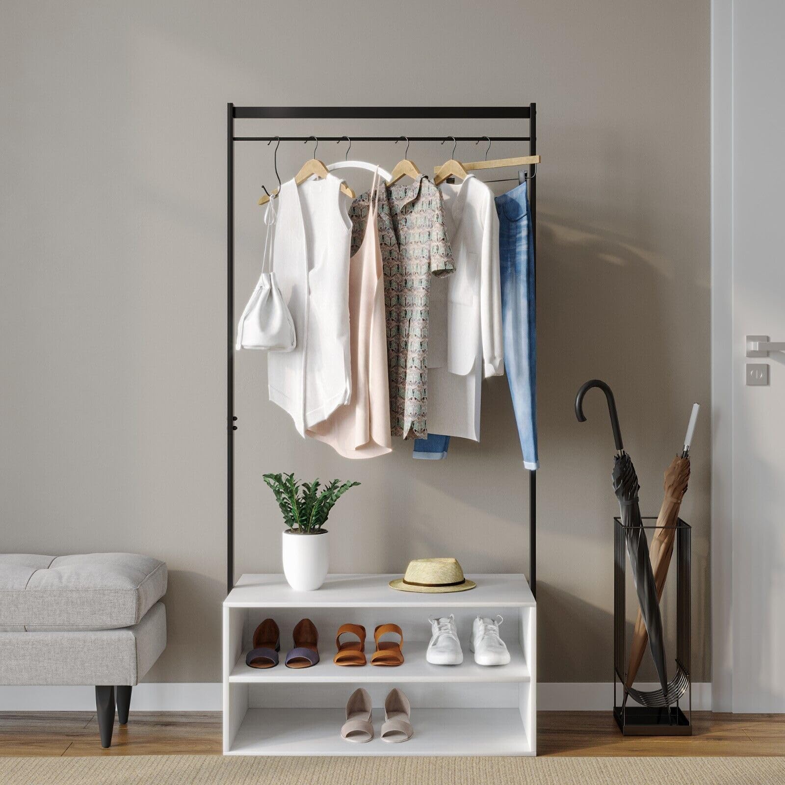 URBNLIVING Wooden Shoe Rack Shelf Storage & Metal Clothes Coat Garment Hanging Display Rail
