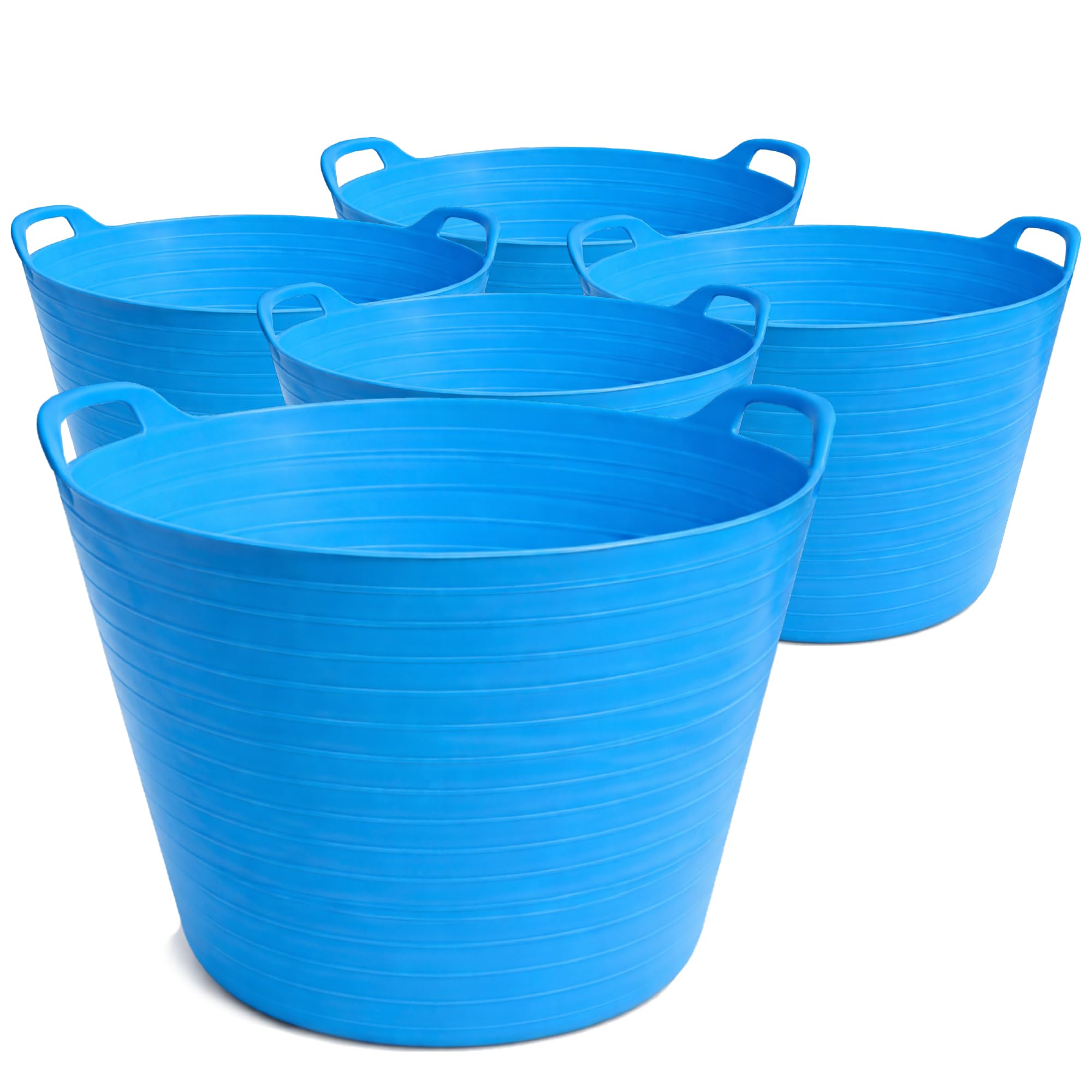 Blue 42L Flexible Tub Pack of 5 – Large Plastic Bucket with Handles, Ribbed Design, Multi-Purpose for Garden, Laundry, DIY, Water, Soil & Storage Made in the UK