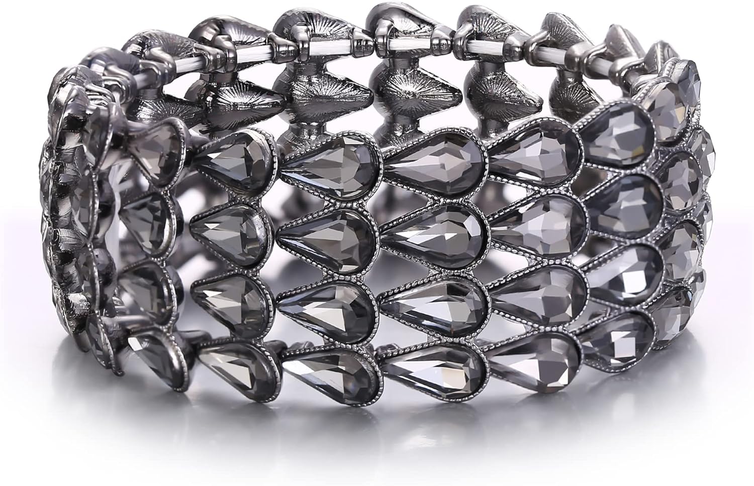 EVER FAITH Bridal Rhinestone Crystal Elastic Stretch Bangle Bracelet for Wedding, Art Deco Waterdrop Four Row Vintage Wrist Jewelry for Woman