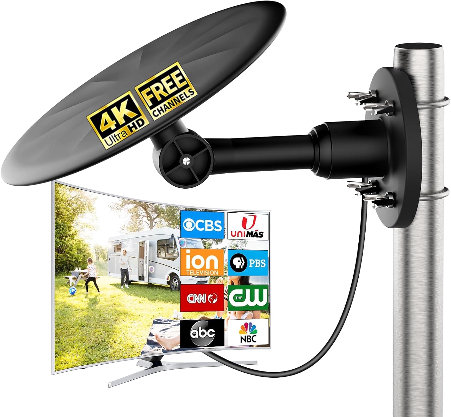 Outdoor TV Antenna for Smart TVs, 360° Omni-Directional Long Range HDTV Antenna, 4K 1080P VHF UHF Digital Antenna for Outdoor Attic RV, 32.8ft Coaxial Cable, Stable Signal Reception (Black)