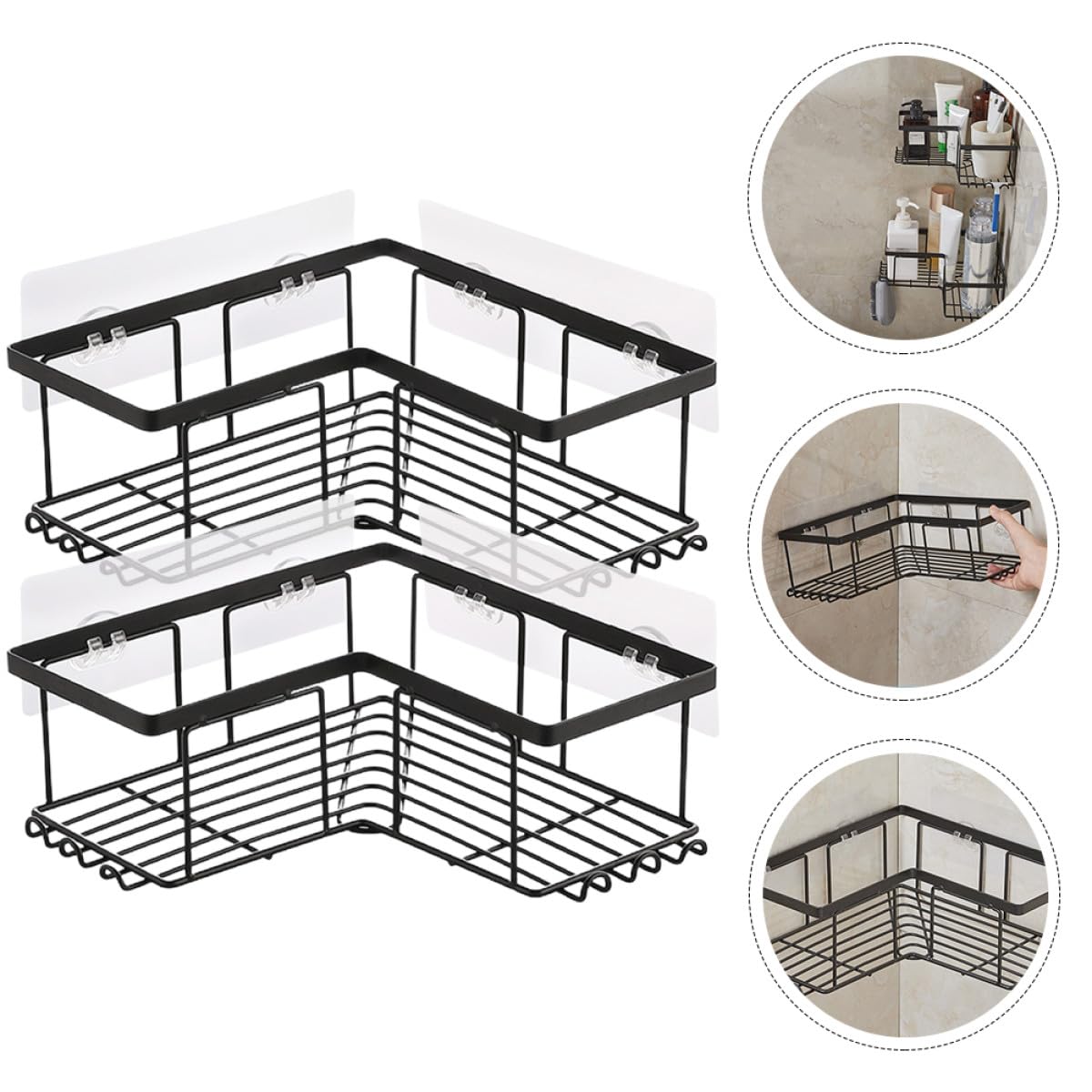 Organizadores de Ducha Negro de Esquina de Acero al Carbono Adhesivo Fuerte sin Taladro 2 Piezas, Estantes en Forma de L para Baño para Jabón y Accesorios