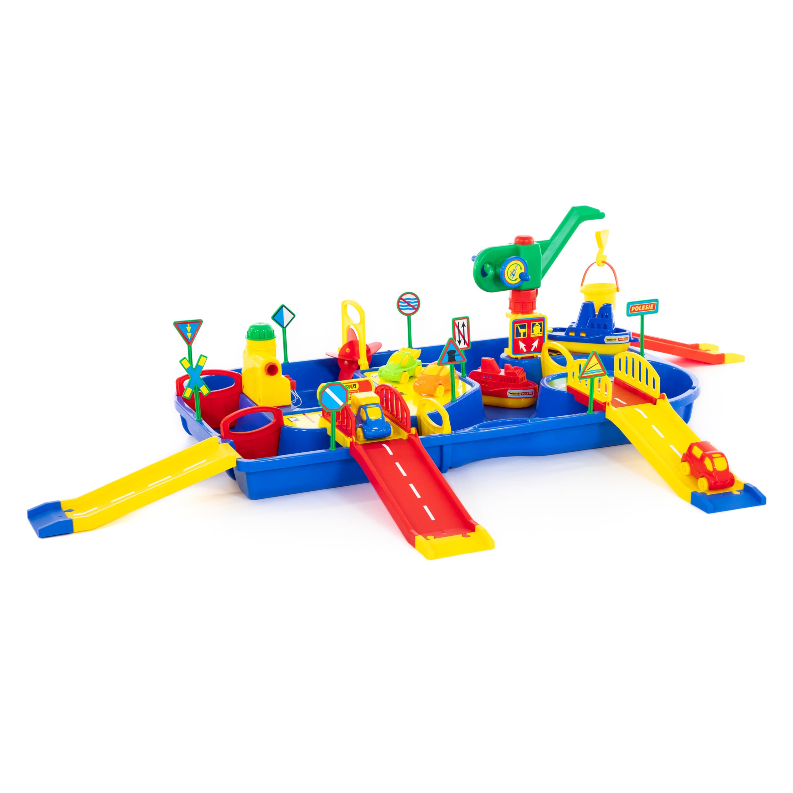 polesie51974 Profi-Set Wasser System Wasserbahn Set Little Capt´n mit 2 Schiffen, Tankstation, Schleuse, 4 Brücken und Ladekran