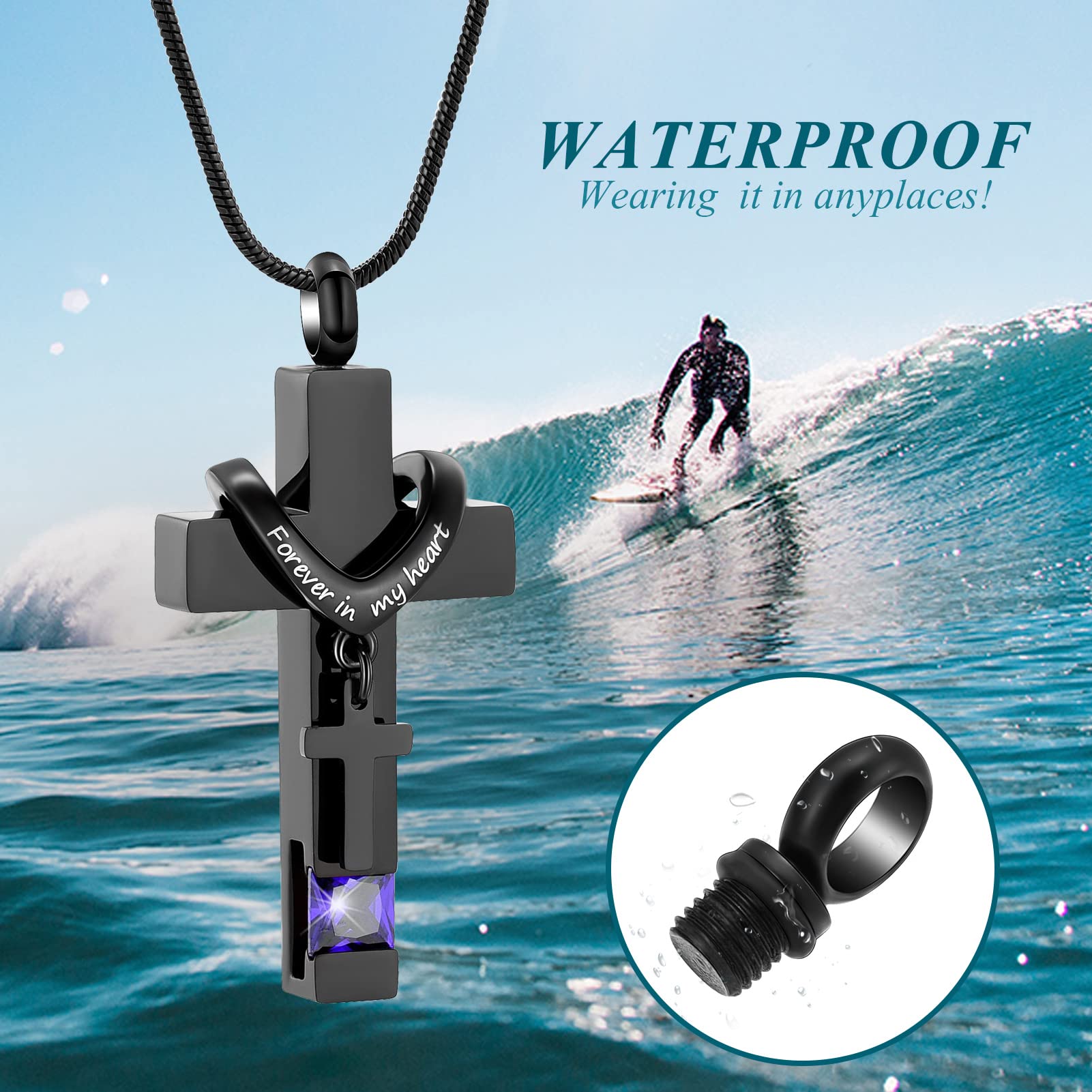 XSMZB Cremation Cross Urns Necklace Stainless Steel Double Cross Memorial Cremation Urn Pendant for Adult Ashes with Birthstone(Purple)