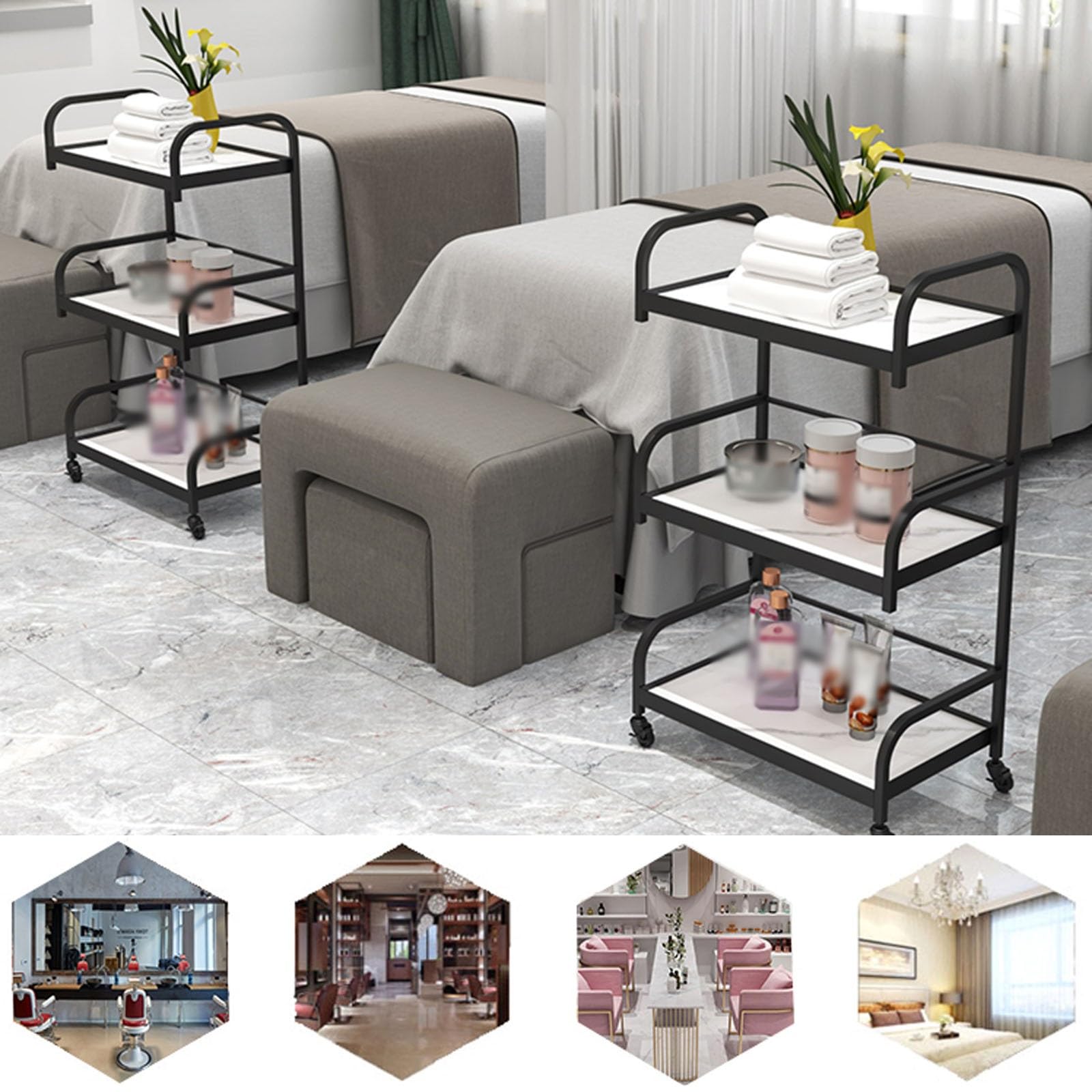 Elegante carrito de almacenamiento de 3 niveles con ruedas universales y reposabrazos, marco de hierro que ahorra espacio, separadores de tabla ecológicos para una fácil nización (blanco y negro)