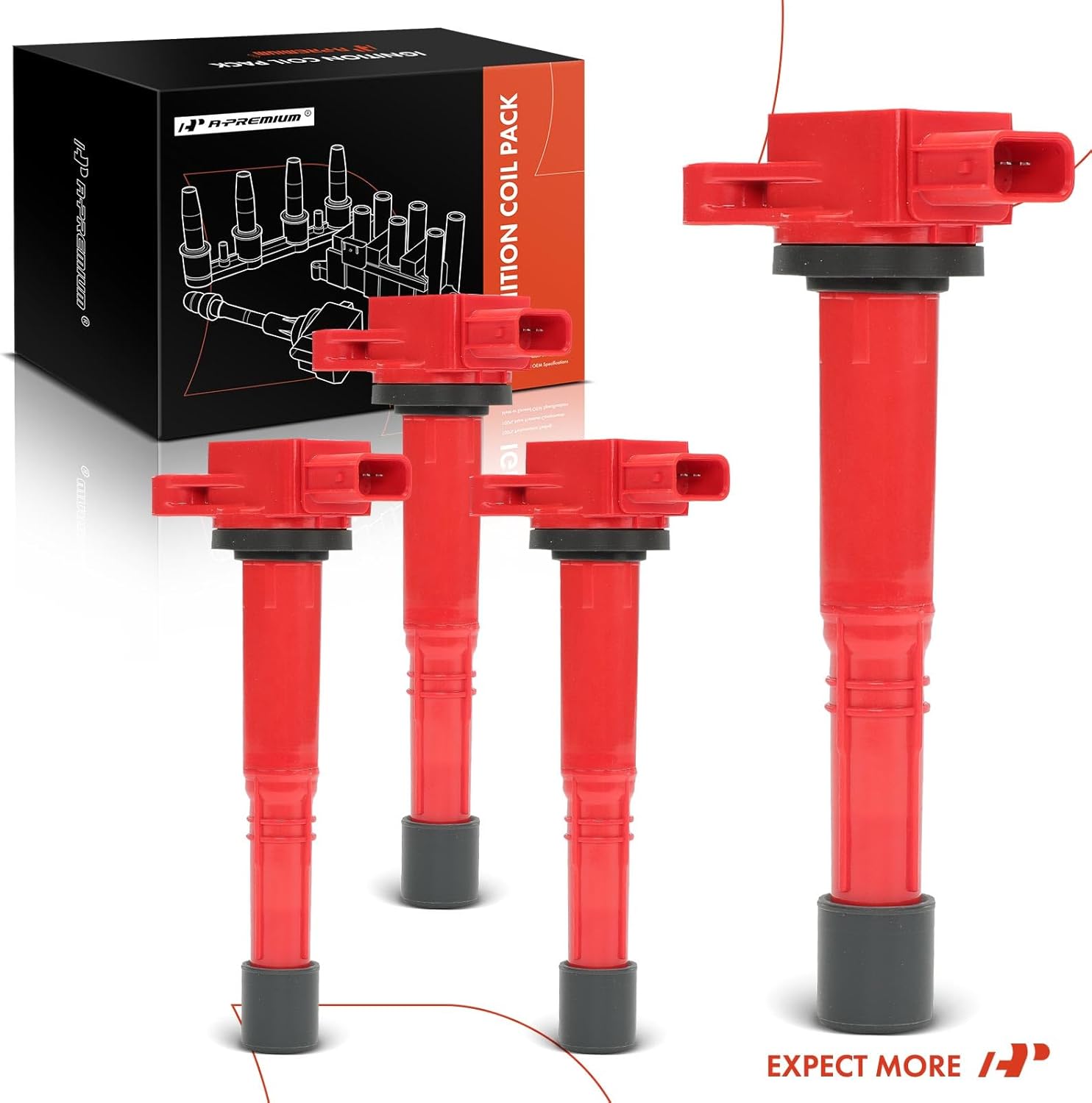 A-Premium (Red) Engine Ignition Coil Pack Compatible with Honda CR-V 2002-2009, Civic 2002-2011, Accord 2003-2007, Element 2003-2011, S2000 2004-2005 & Acura RSX 2002-2006, CSX 2006-2011, 4-PC Set