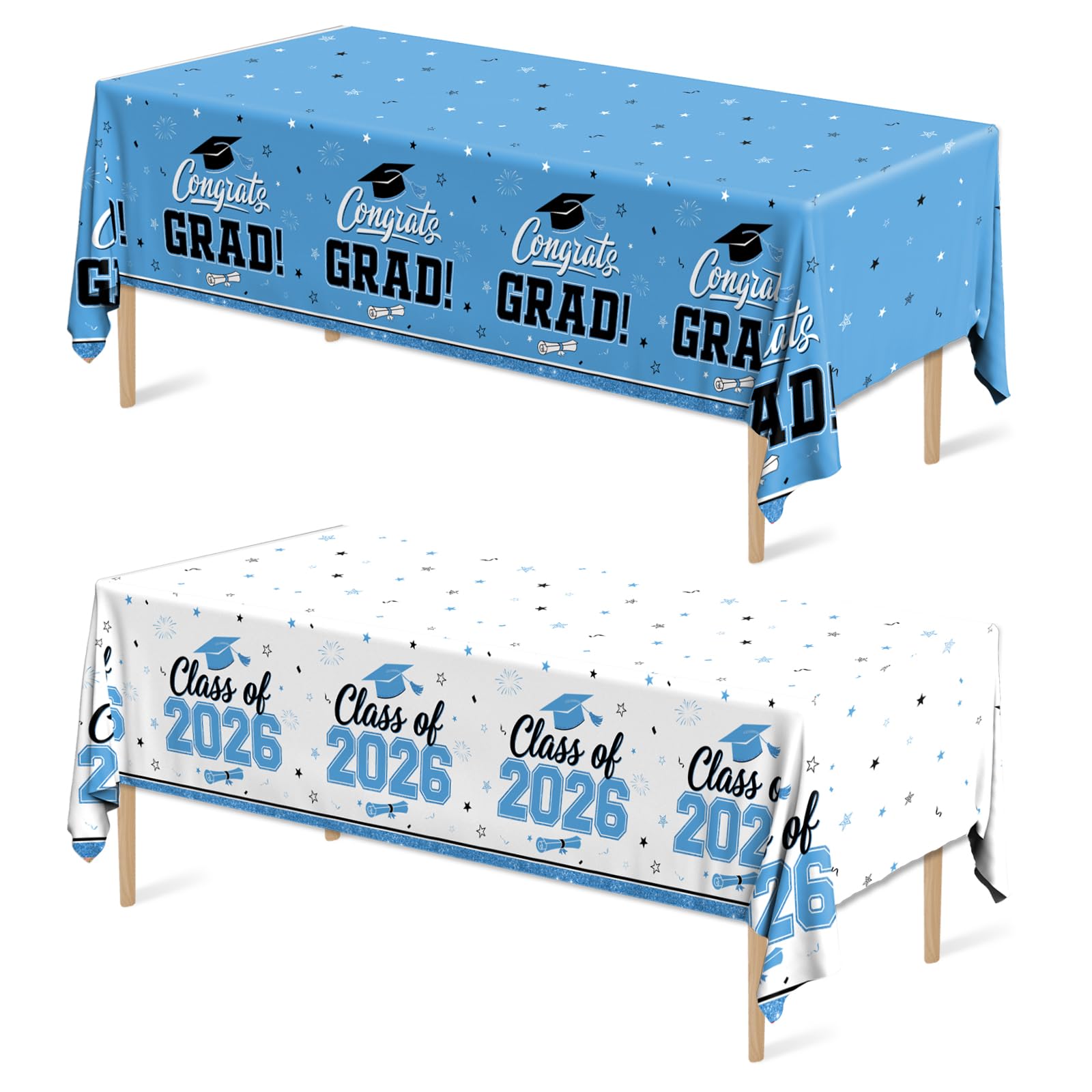 Photo 1 of 2026 Graduation Decorations Tablecloth,2pcs Light Blue and White Class of 2026 Party Tablecloth Congrats Grad Disposable Plastic Table Cover for Graduation College Party Decor Supplies,54"x108"