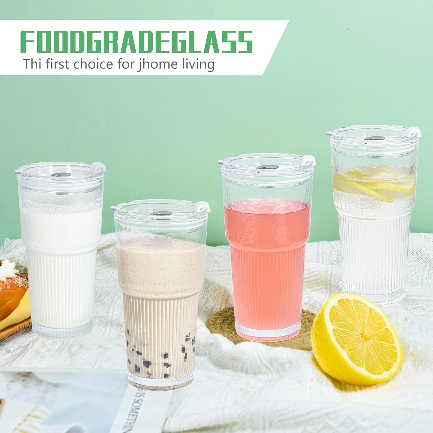 20 oz 4 Pcs Ribbed Glass Set with Straw and Lid Iced Coffee Drinking Tumbler Vintage Glass Cup for Tea Juice Soda Smoothie(Ribbed B*4 with Lid) - Image 3