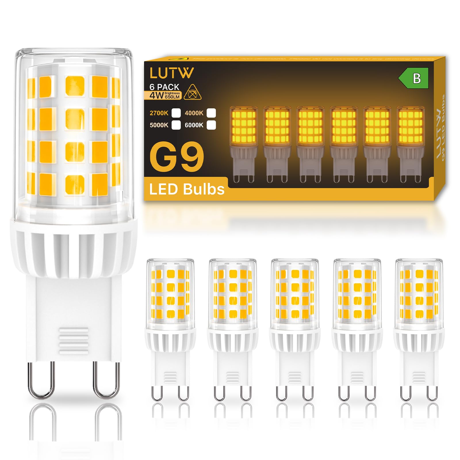 LUTW G9 LED Bulbs Warm White 2700K, 4W 650LM, Energy Class B, 6 Pack