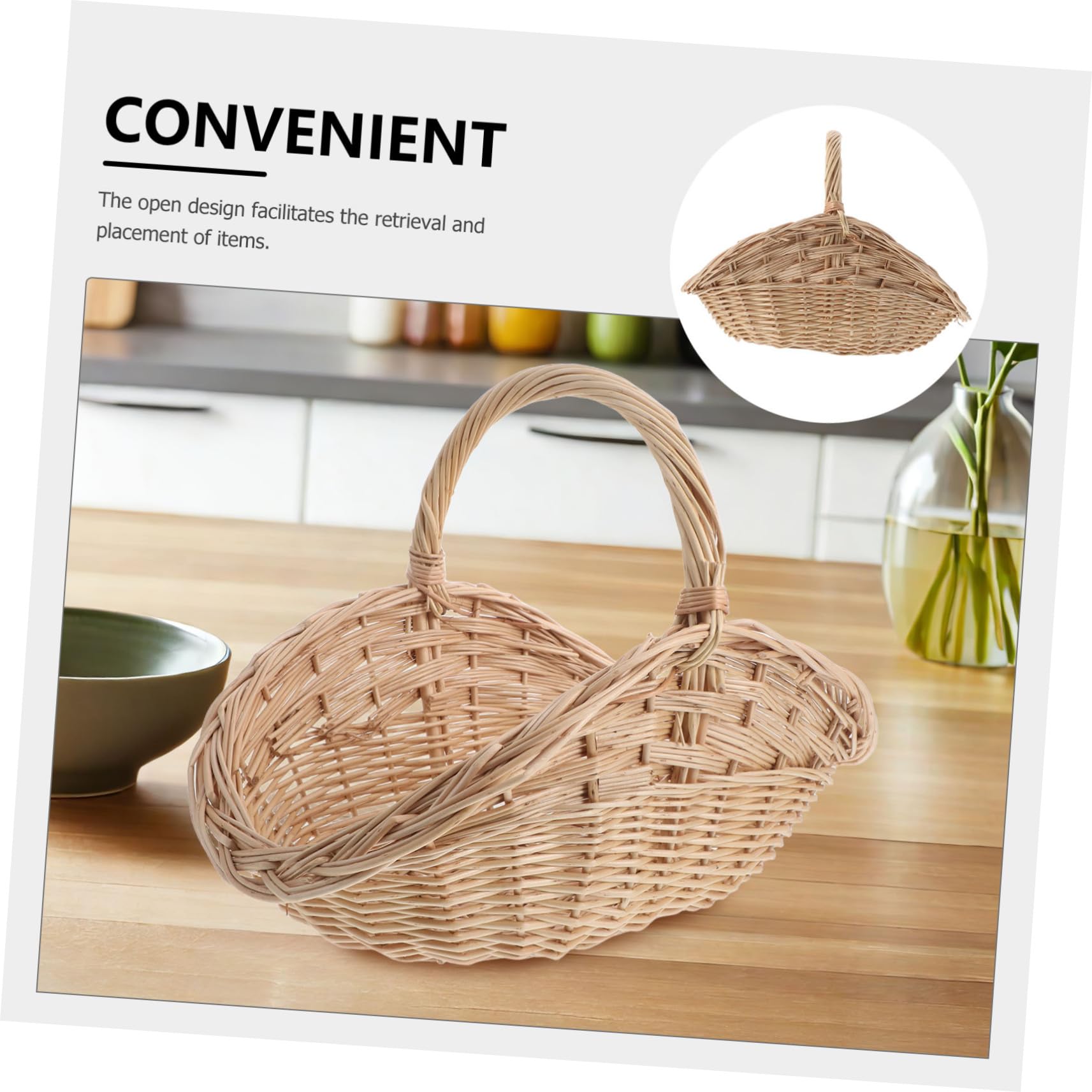 Cesta de Mimbre Natural con Asa Ventilada para Picnic Almacenamiento Flexible de Frutas Verduras y Huevos Diseño Artesanal Resistente para Cocina y Exteriores